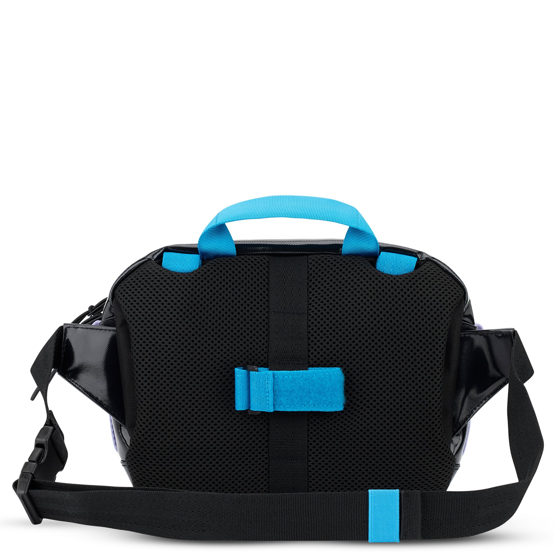 Schwarze und fliederfarbene Lenkertasche Fahrrad 'Nelson' mit blauem Tragegriff und verstellbarem Schultergurt