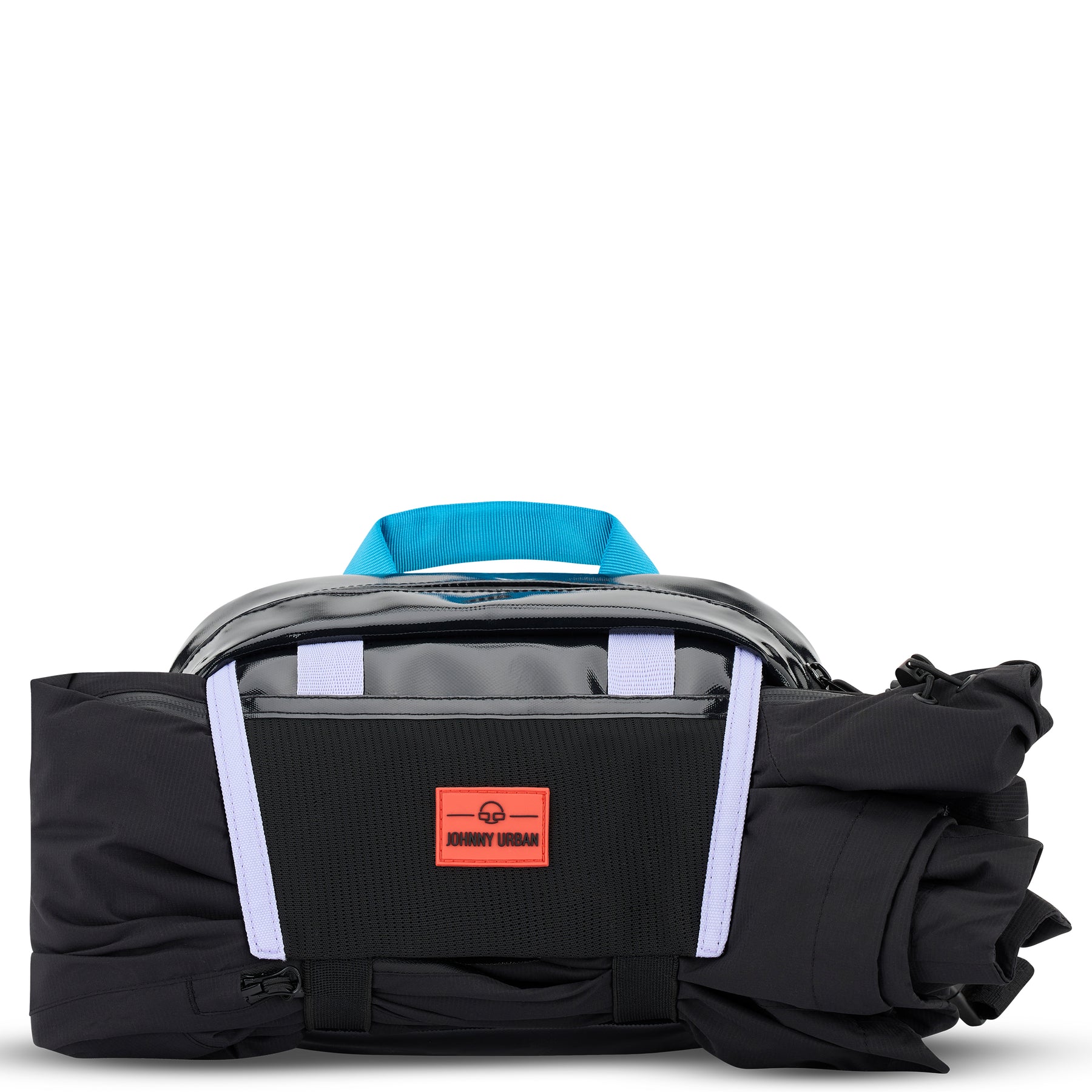 Schwarze Johnny Urban Lenkertasche Fahrrad Nelson mit blauem Griff und reflektierenden Bändern