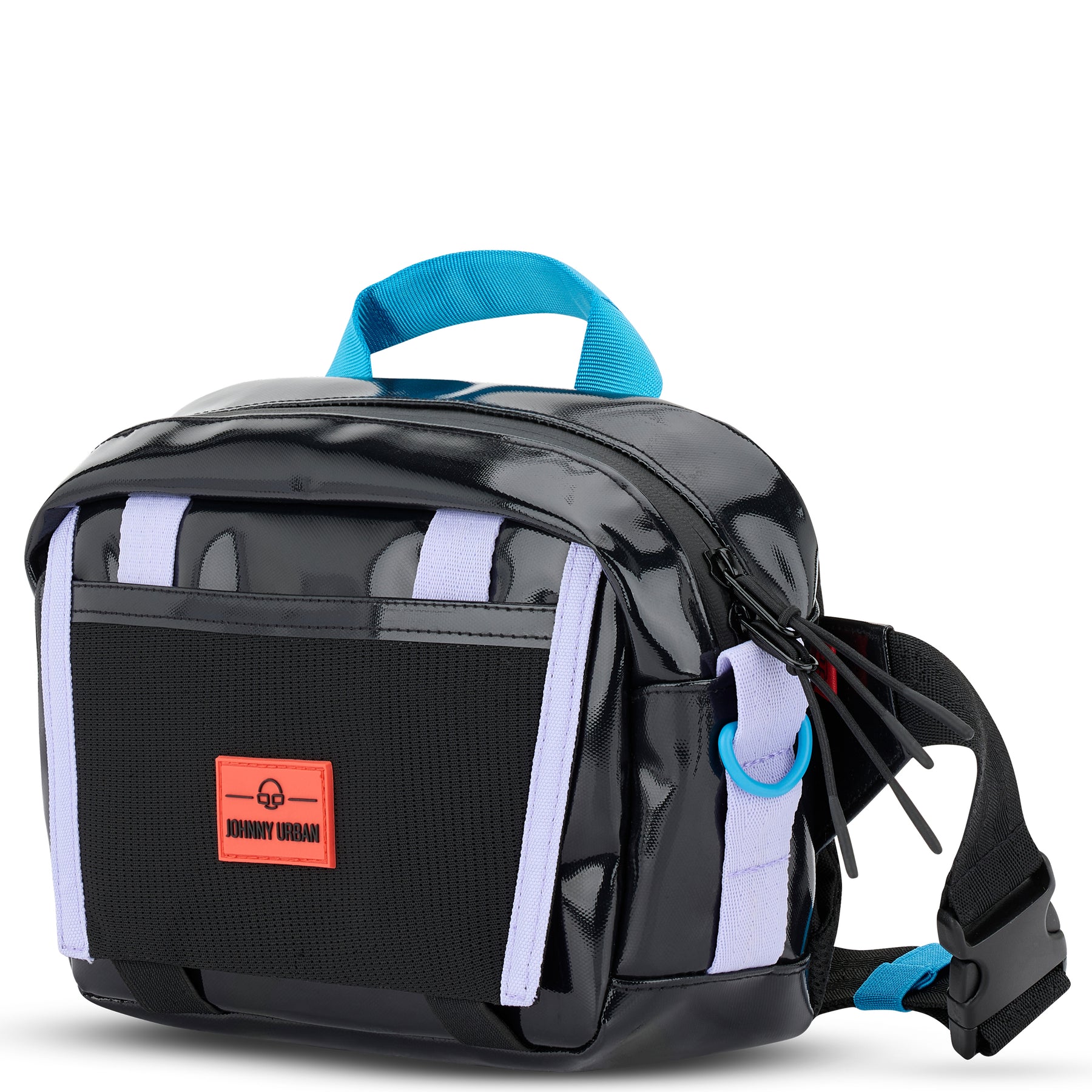 Schwarze Lenkertasche 'Nelson' von Johnny Urban mit lilafarbenen Details und blauem Griff