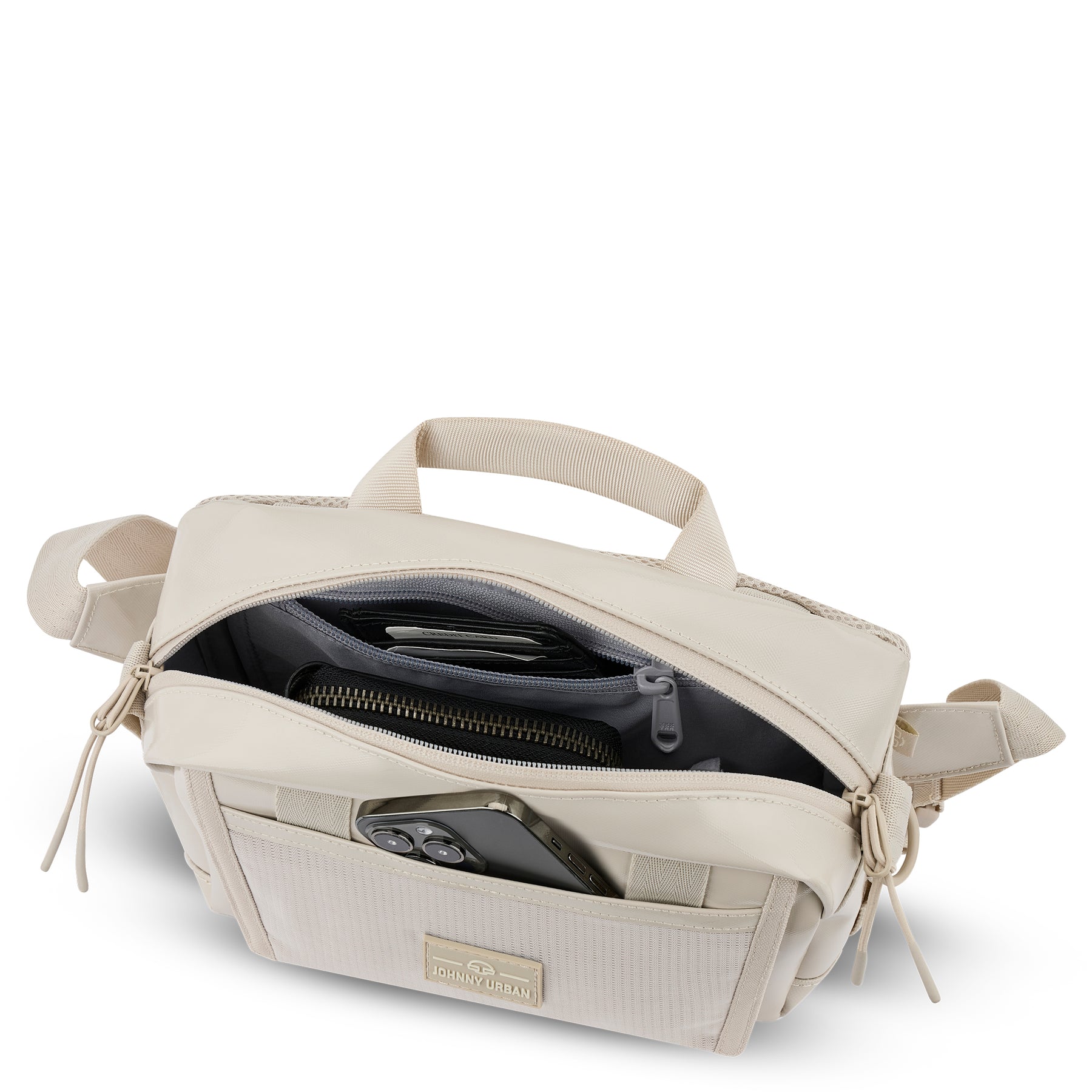 Beige Lenkertasche Fahrrad 'Nelson' von Johnny Urban mit geöffneten Reißverschlüssen, Smartphonefach und Innenfächern