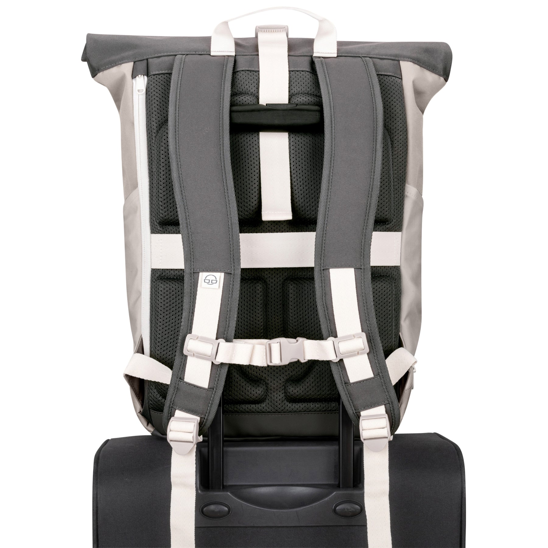 Rückansicht des grauen Rolltop Rucksacks 'Allen Medium' mit gepolsterten Trägern und Befestigung für Gepäckgriff