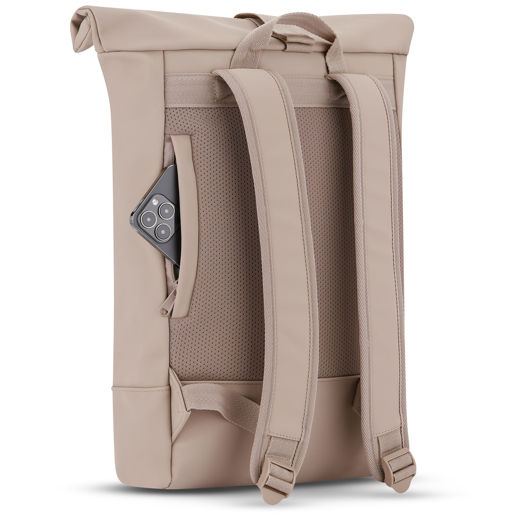 Beiger Rolltop-Rucksack 'Harvey Medium' mit gepolstertem Rücken und verstellbaren Schultergurten, seitliche Reißverschlusstasche mit Smartphone