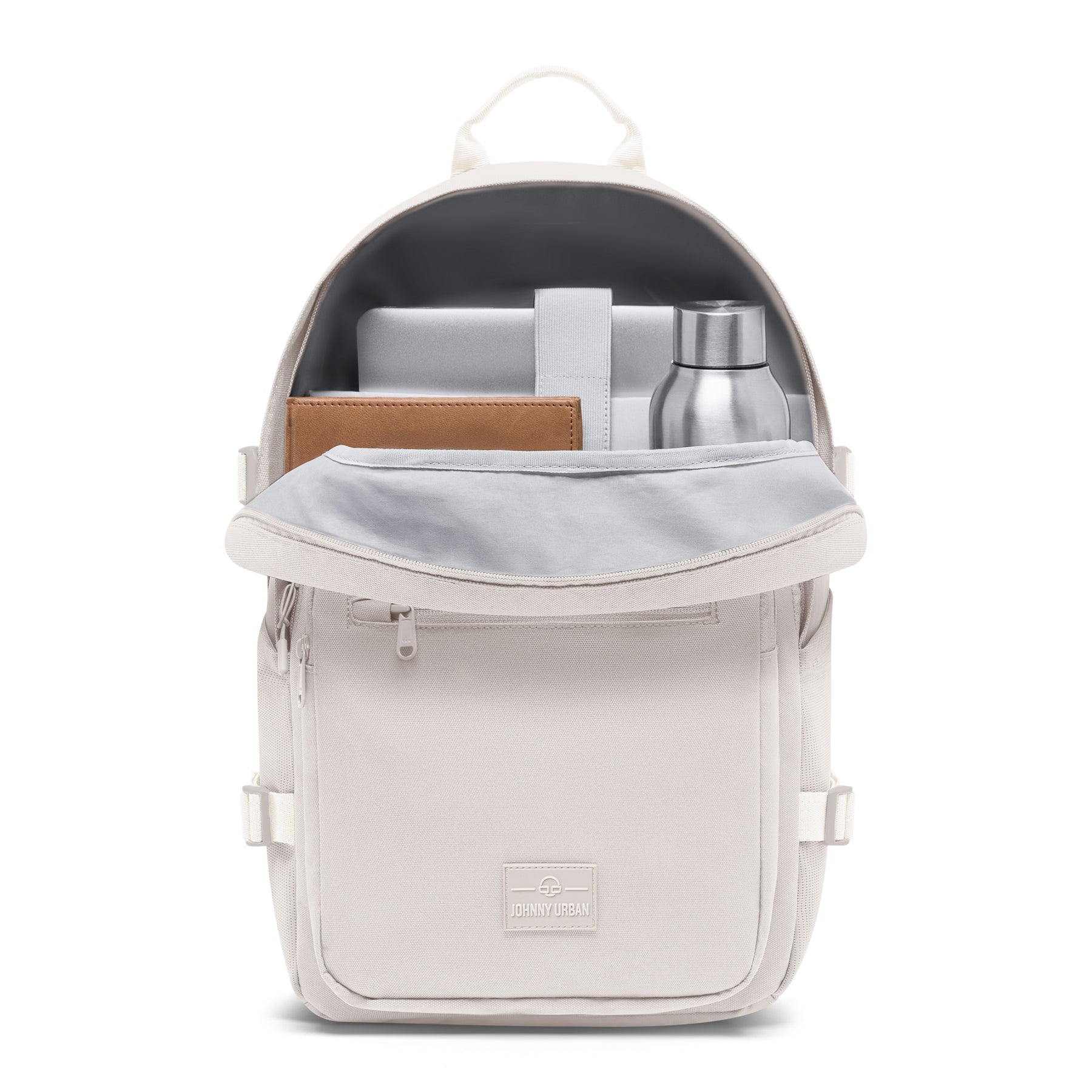 Sandfarbener Johnny Urban Rucksack 'Lian' mit geöffnetem Hauptfach, mit Laptop, braunem Notizbuch und silberner Trinkflasche