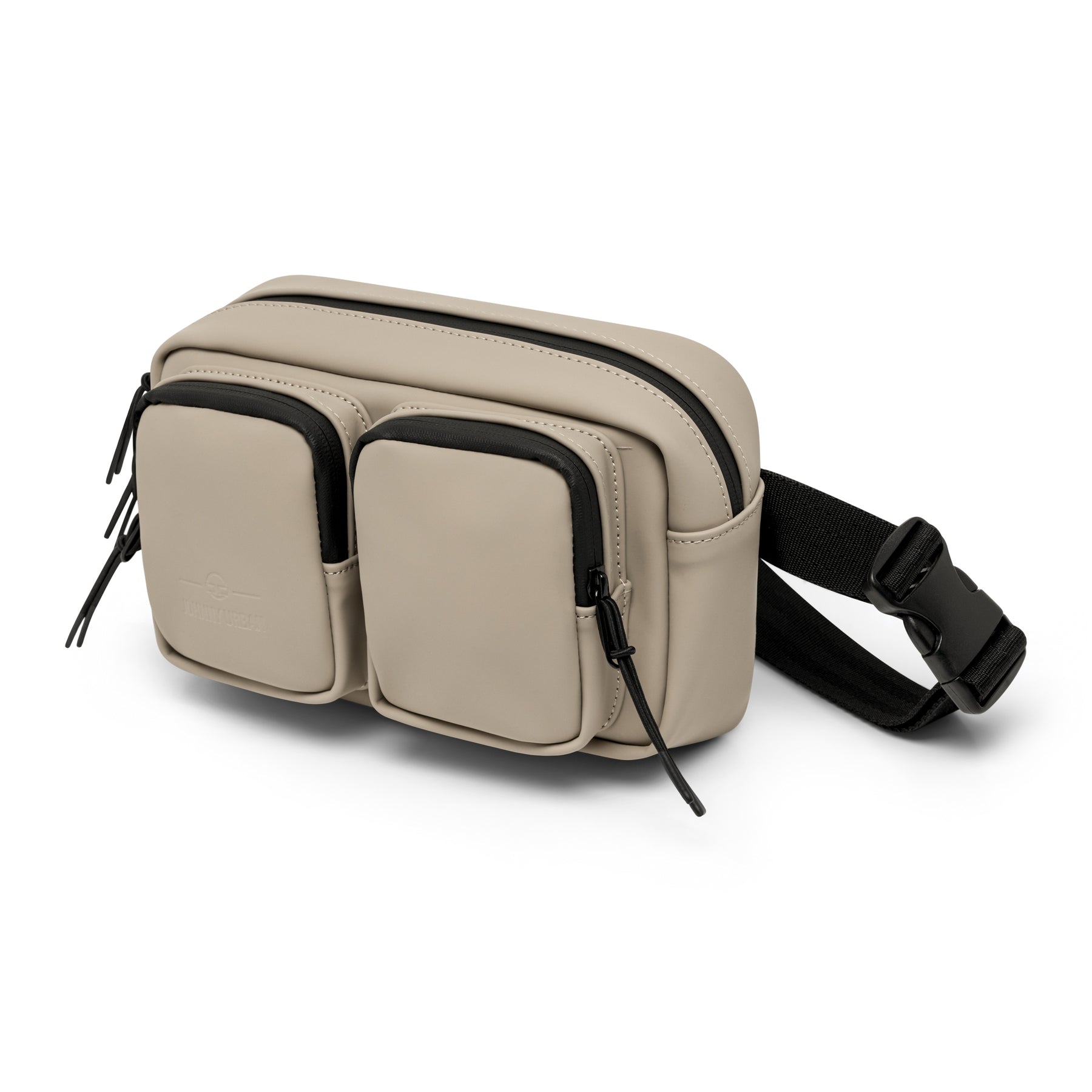 Beige Umhängetasche 'Wesley' mit zwei vorderen Taschen und schwarzem Gurt