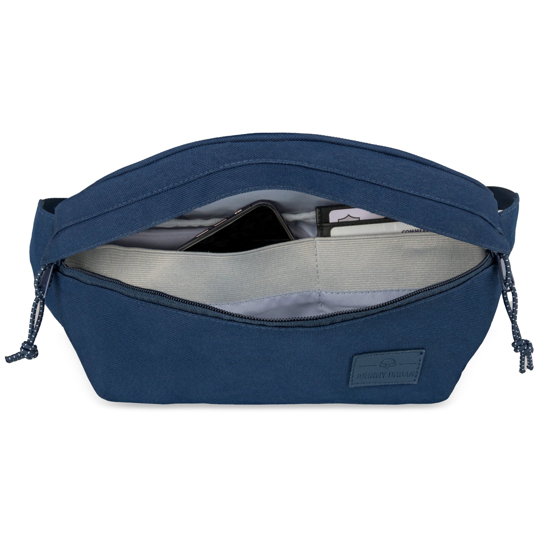 Blaue Johnny Urban Bauchtasche 'Tom' mit geöffnetem Reißverschluss, Smartphone und Karten sichtbar