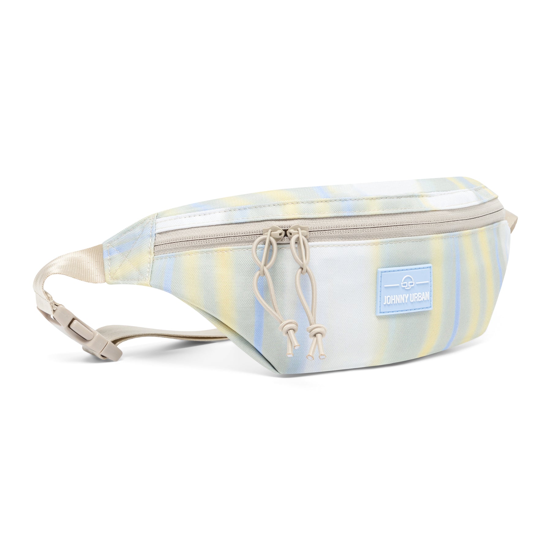 Bauchtasche 'Erik Small' von Johnny Urban in sandfarben mit pastellgelben und blauen Streifen und Reißverschluss mit zwei Zippergriffen