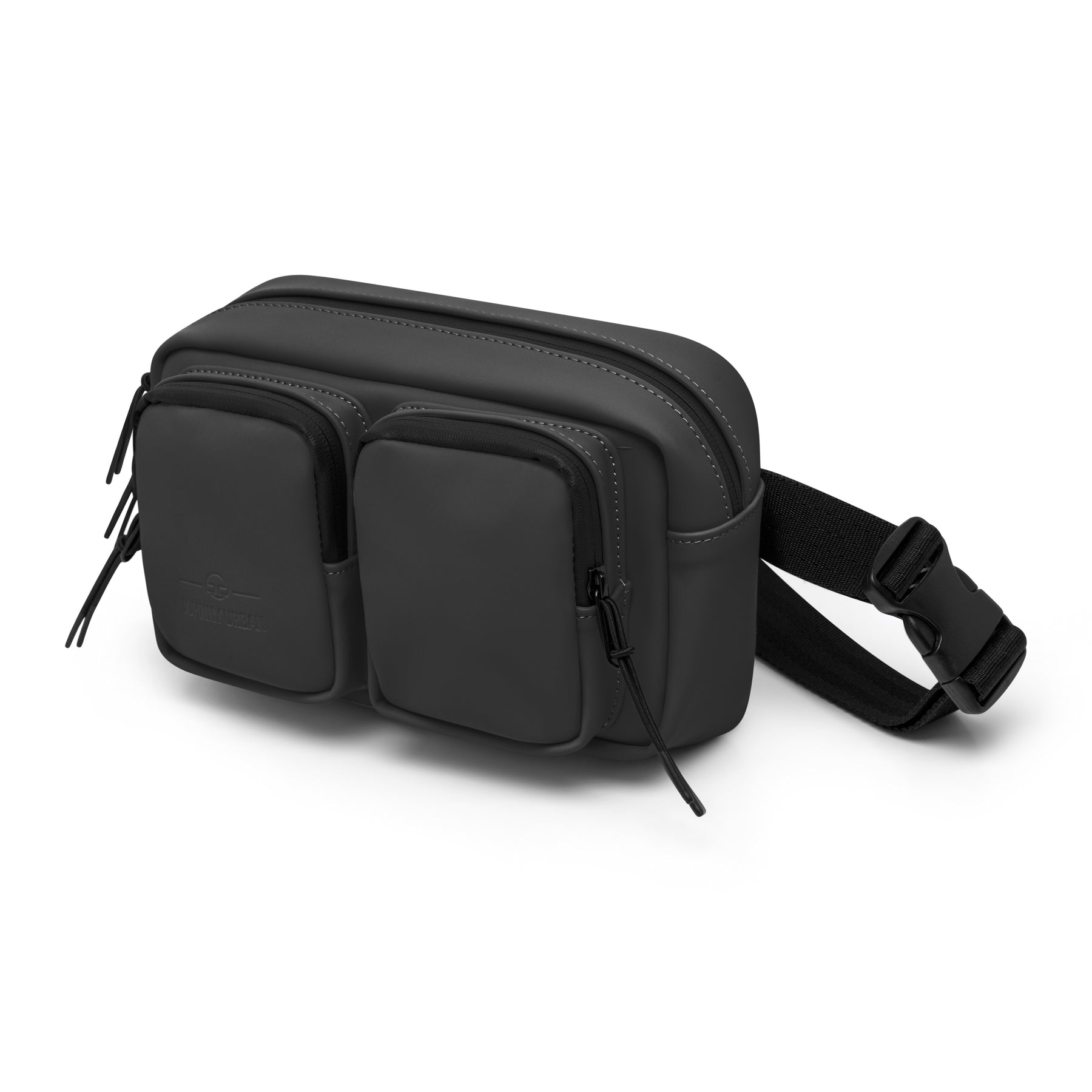 Schwarze Umhängetasche 'Wesley' mit zwei rechteckigen, frontalen Reißverschlusstaschen und verstellbarem Gurt