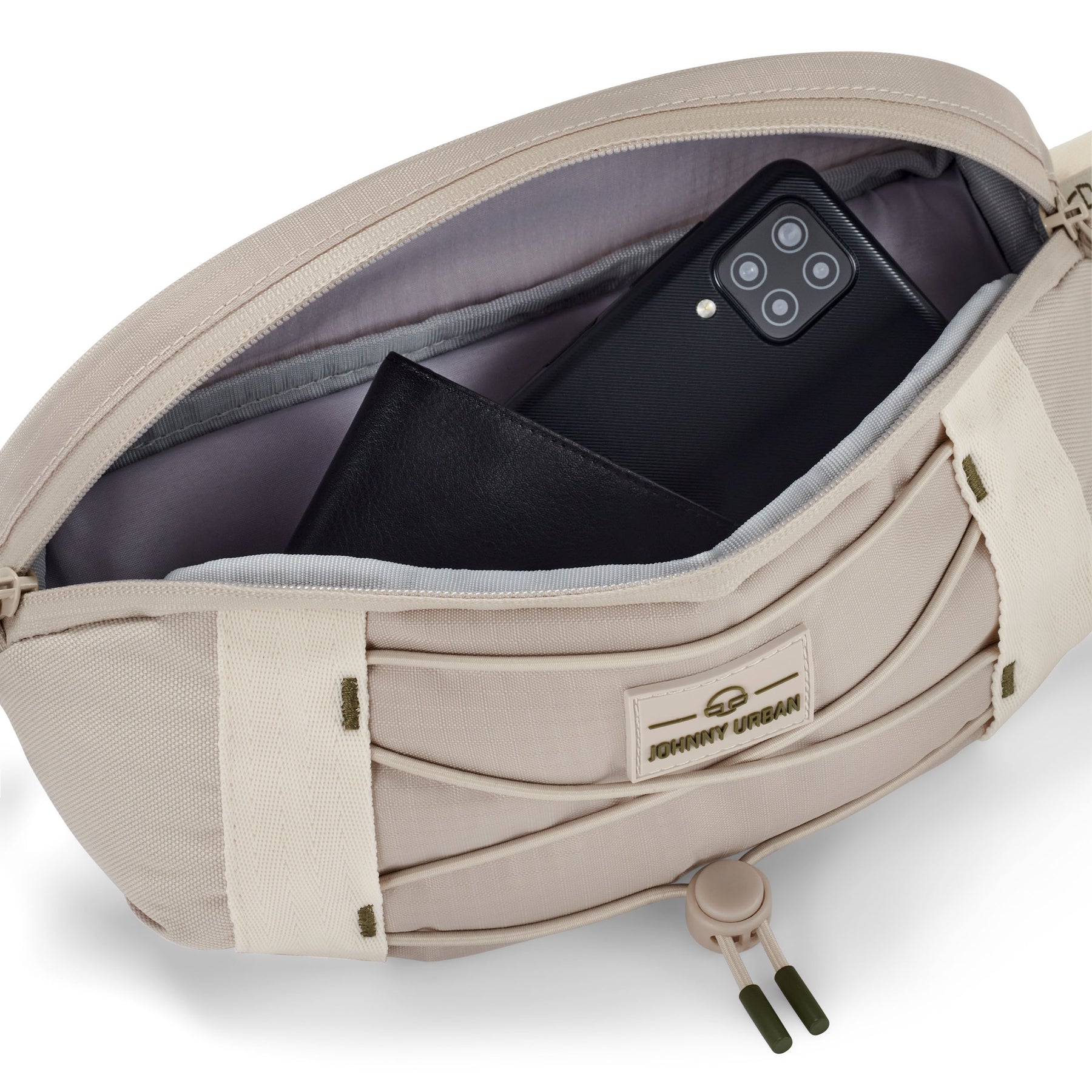 Beige Bauchtasche 'Devin' von Johnny Urban mit Smartphone und schwarzem Portemonnaie im Hauptfach