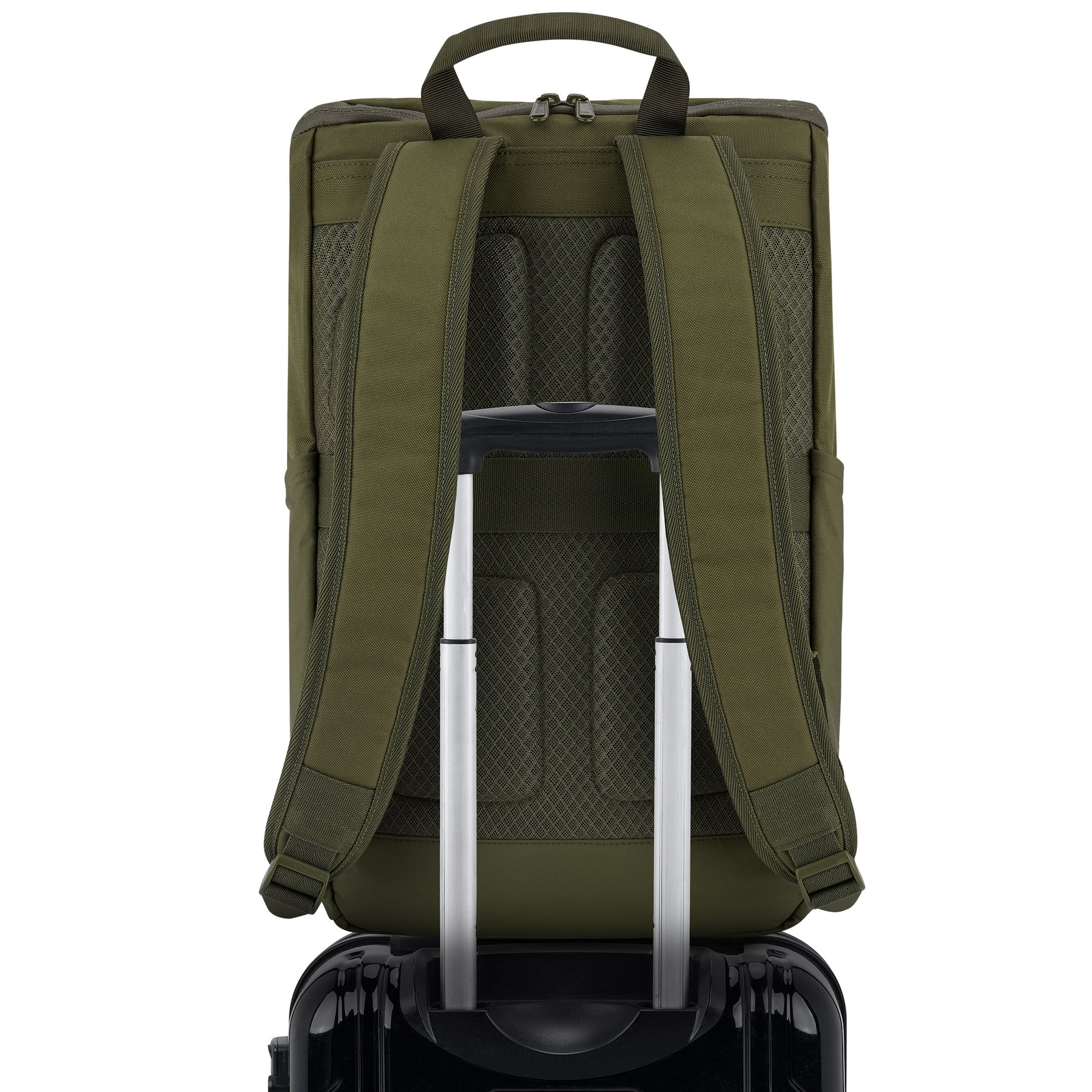 Rückseite des olivgrünen Business-Rucksacks 'Jasper' mit gepolsterten Schulterriemen, befestigt an einem Trolley-Griff