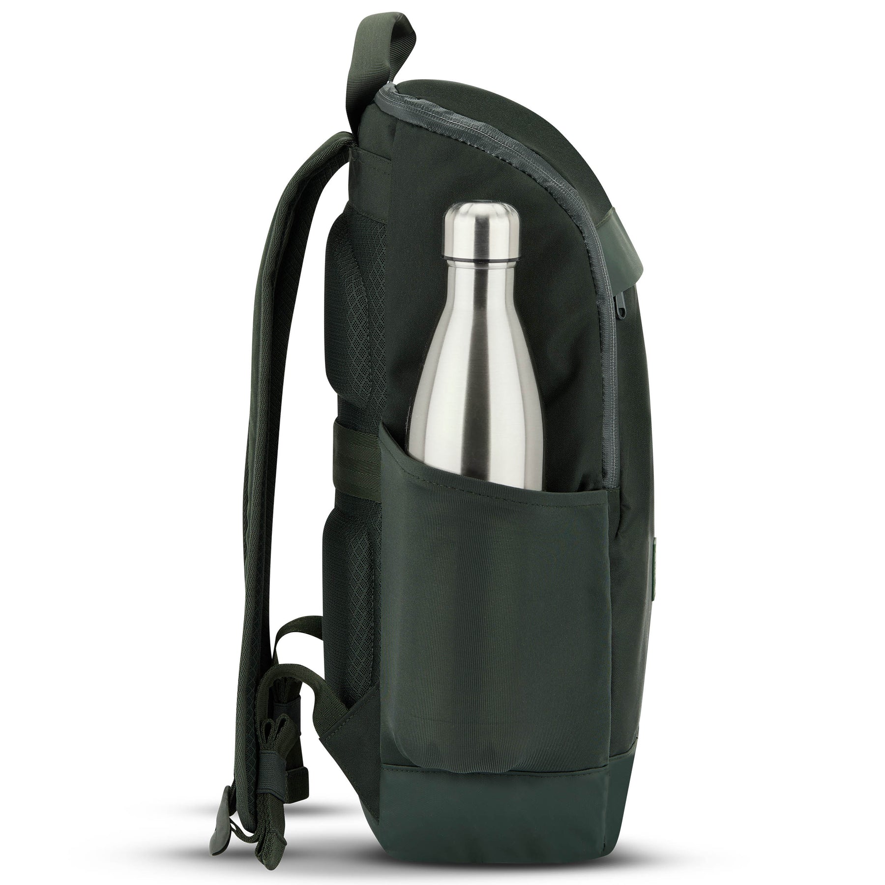 Grüner Business-Rucksack 'Jasper' von Johnny Urban mit seitlicher Netztasche und silberner Trinkflasche