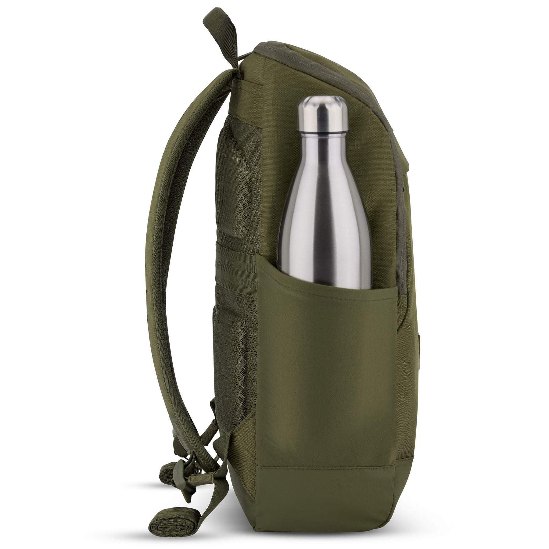Business-Rucksack 'Jasper' in Oliv mit seitlicher Außentasche und silberner Trinkflasche