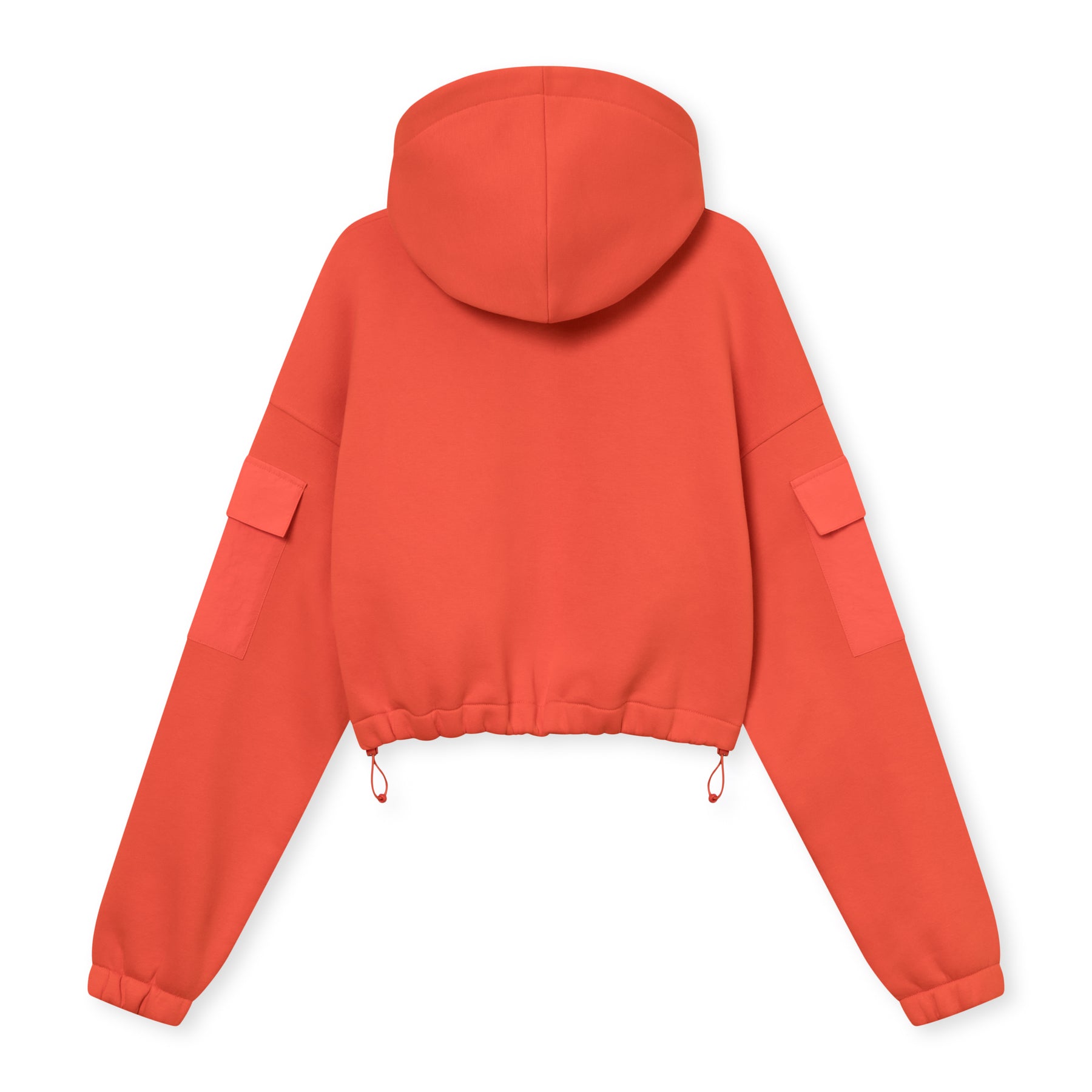 Roter Cropped Hoodie Carly für Damen mit Kapuze, elastischem Saum mit Kordelzug und Taschen am Ärmel