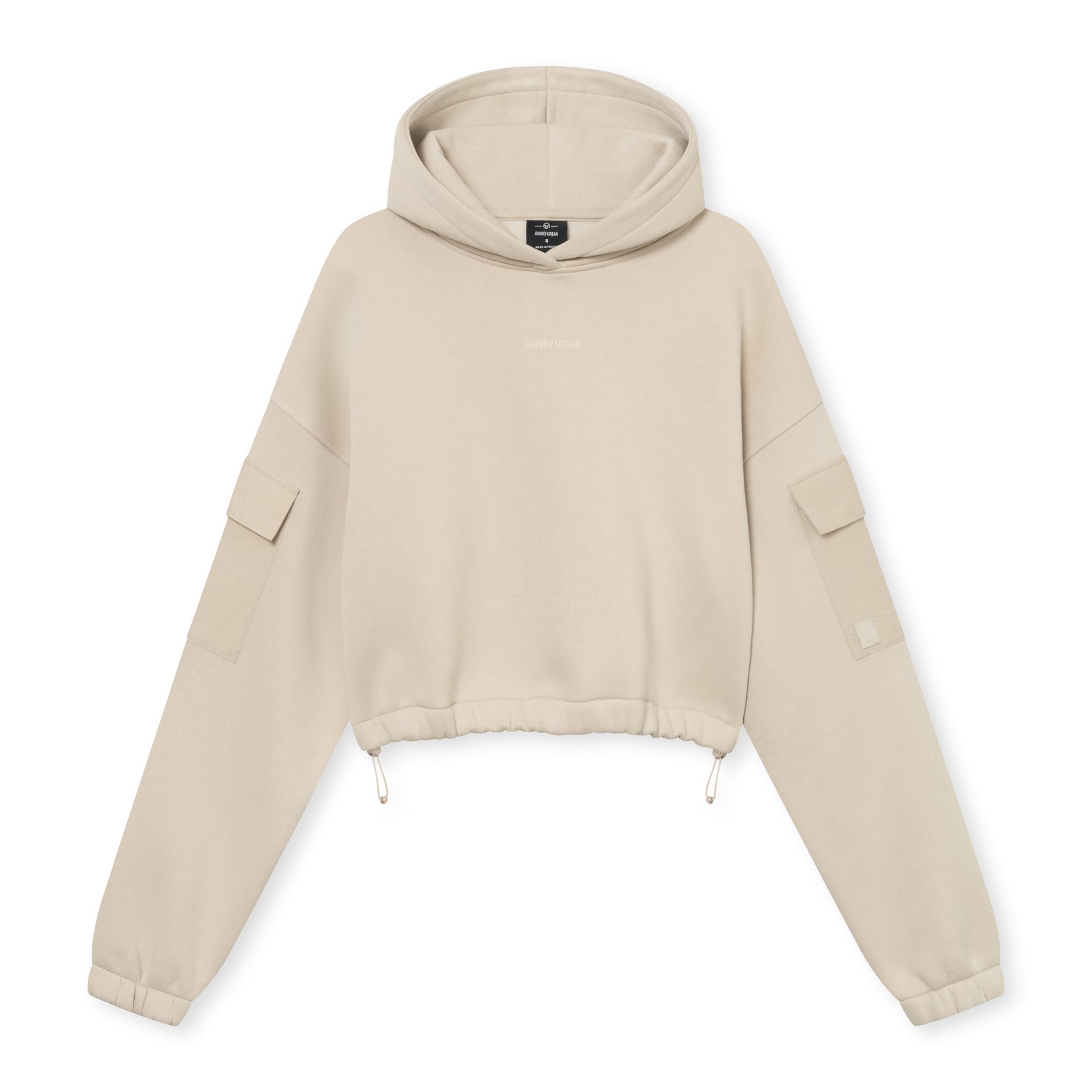 Cropped Hoodie Carly von Johnny Urban in Sandfarbe mit Kapuze, langen Ärmeln und Taschen am Oberarm