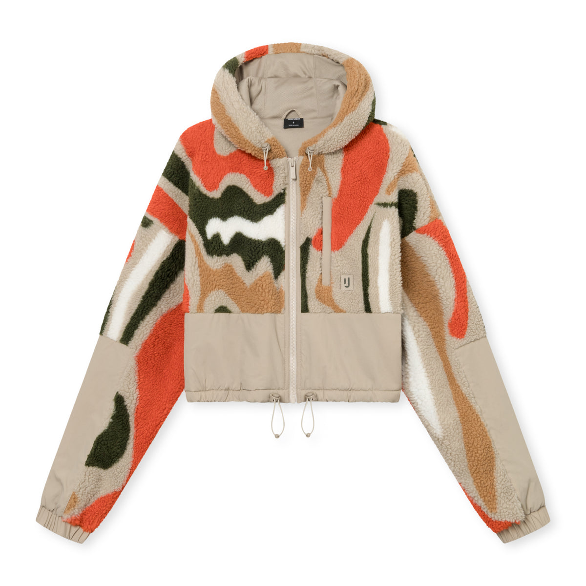 Cropped Teddy Fleecejacke 'Carey' mit mehrfarbigem Muster und beigem Stoff an Saum und Ärmeln