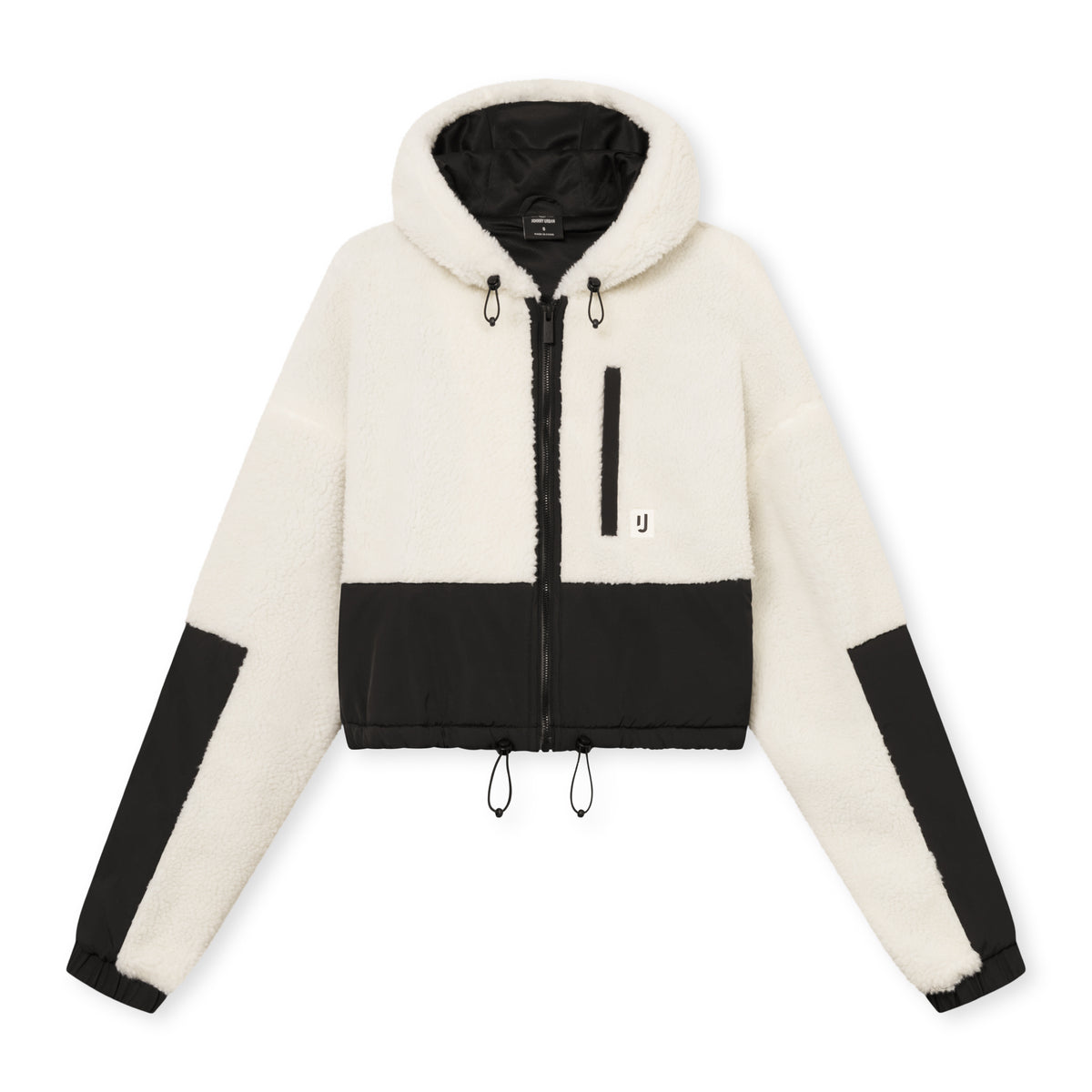 Cropped Teddy Fleecejacke 'Carey' in Creme mit schwarzen Details, durchgehendem Reißverschluss und Kapuze