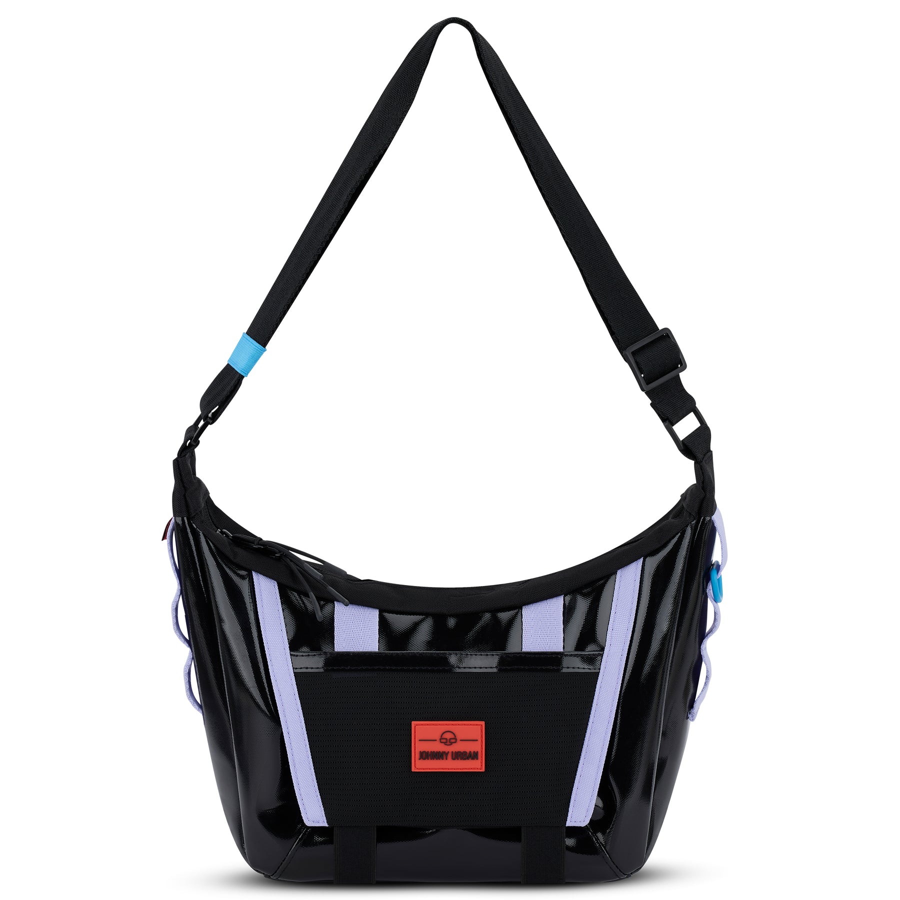 Handtasche 'Liv' von Johnny Urban in schwarzen glänzendem Material mit lila Details und verstellbarem schwarzen Schulterriemen