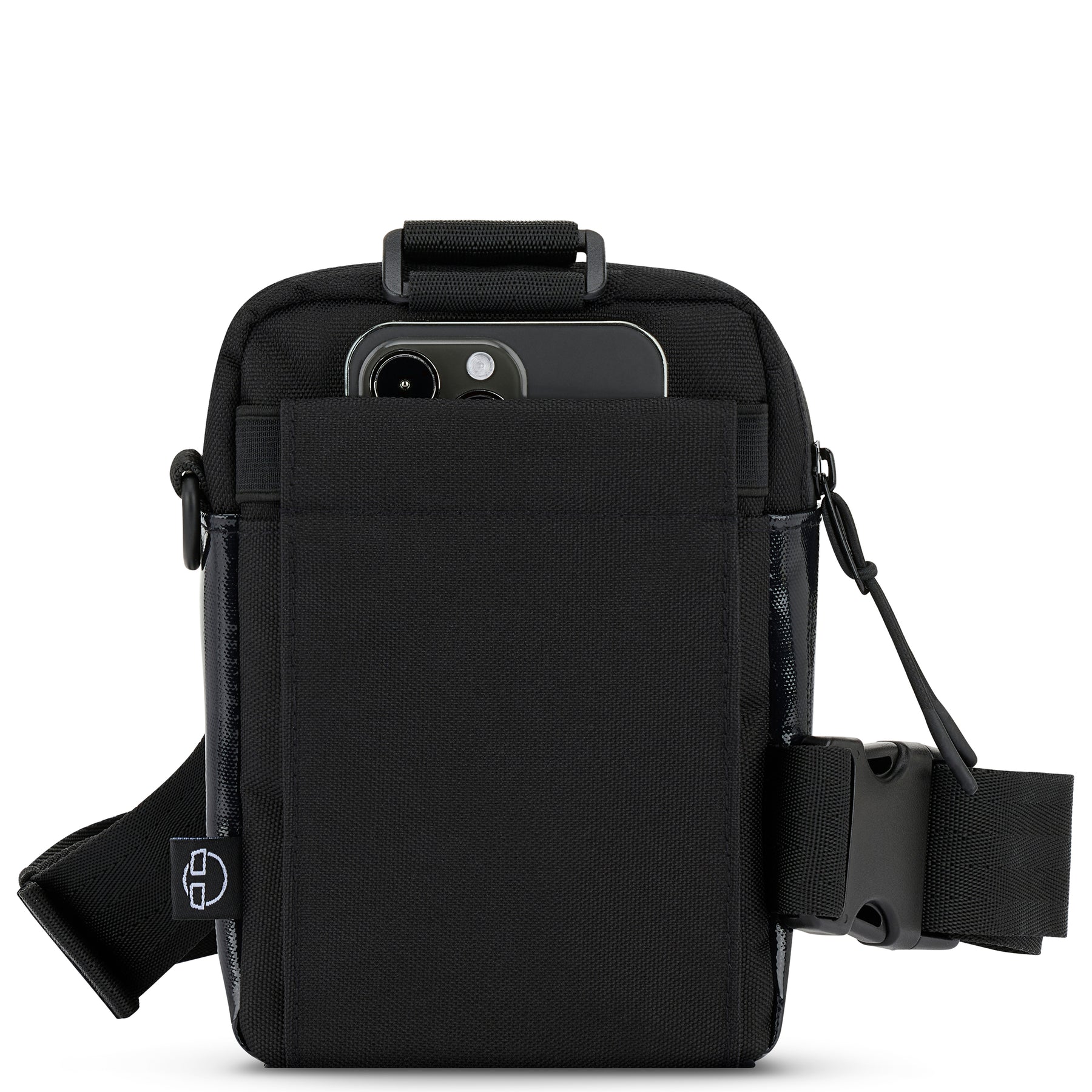 Schwarze Johnny Urban Umhängetasche 'Lex' mit vorderer Tasche, teilweise mit glänzendem Material, Smartphone steckt vorne