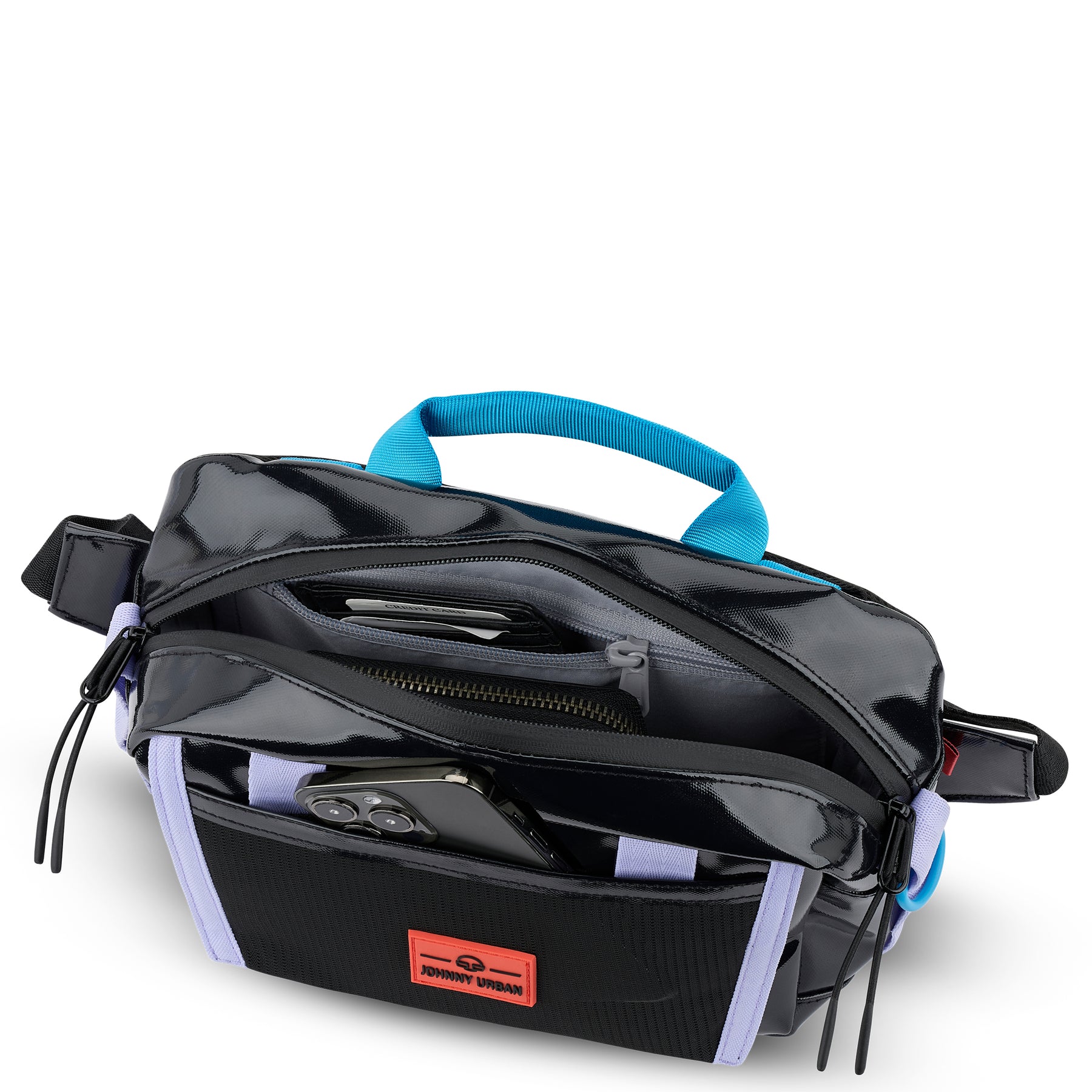 Schwarze Johnny Urban Lenkertasche 'Nelson' mit fliederfarbenen Details, blauem Griff und zwei Reißverschlussfächern, vorne ein Handyfach