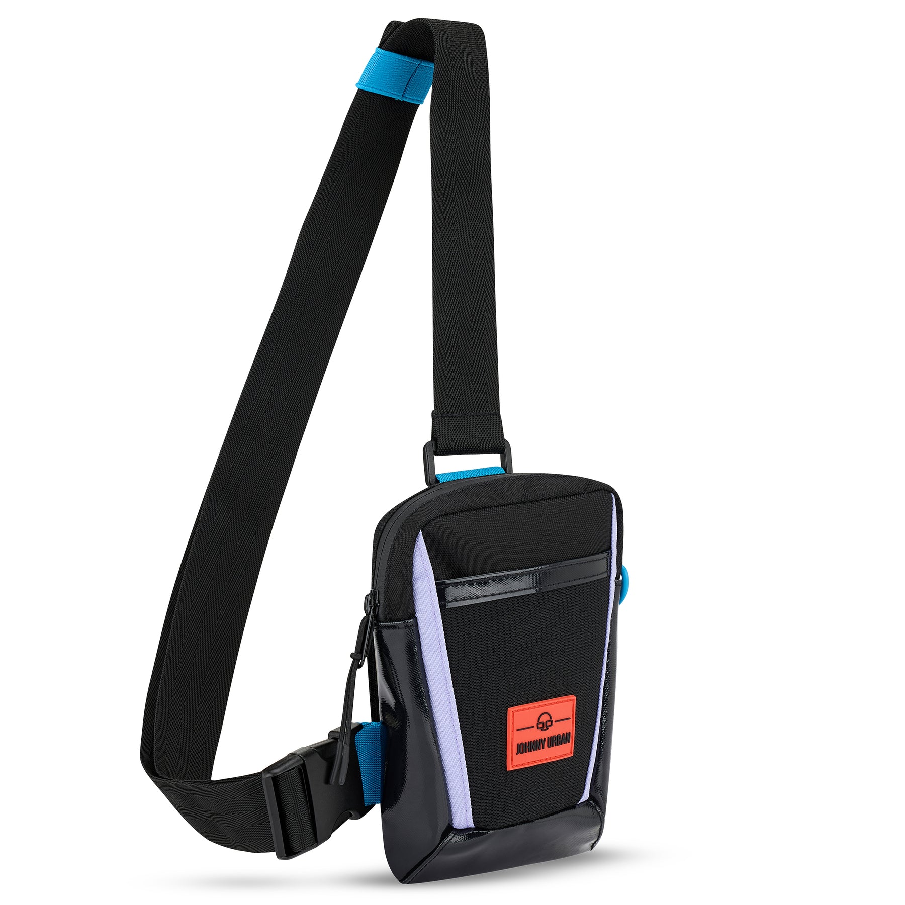 Schwarze Umhängetasche 'Lex' von Johnny Urban mit blauem Detail und rotem Logo, kompakte rechteckige Form