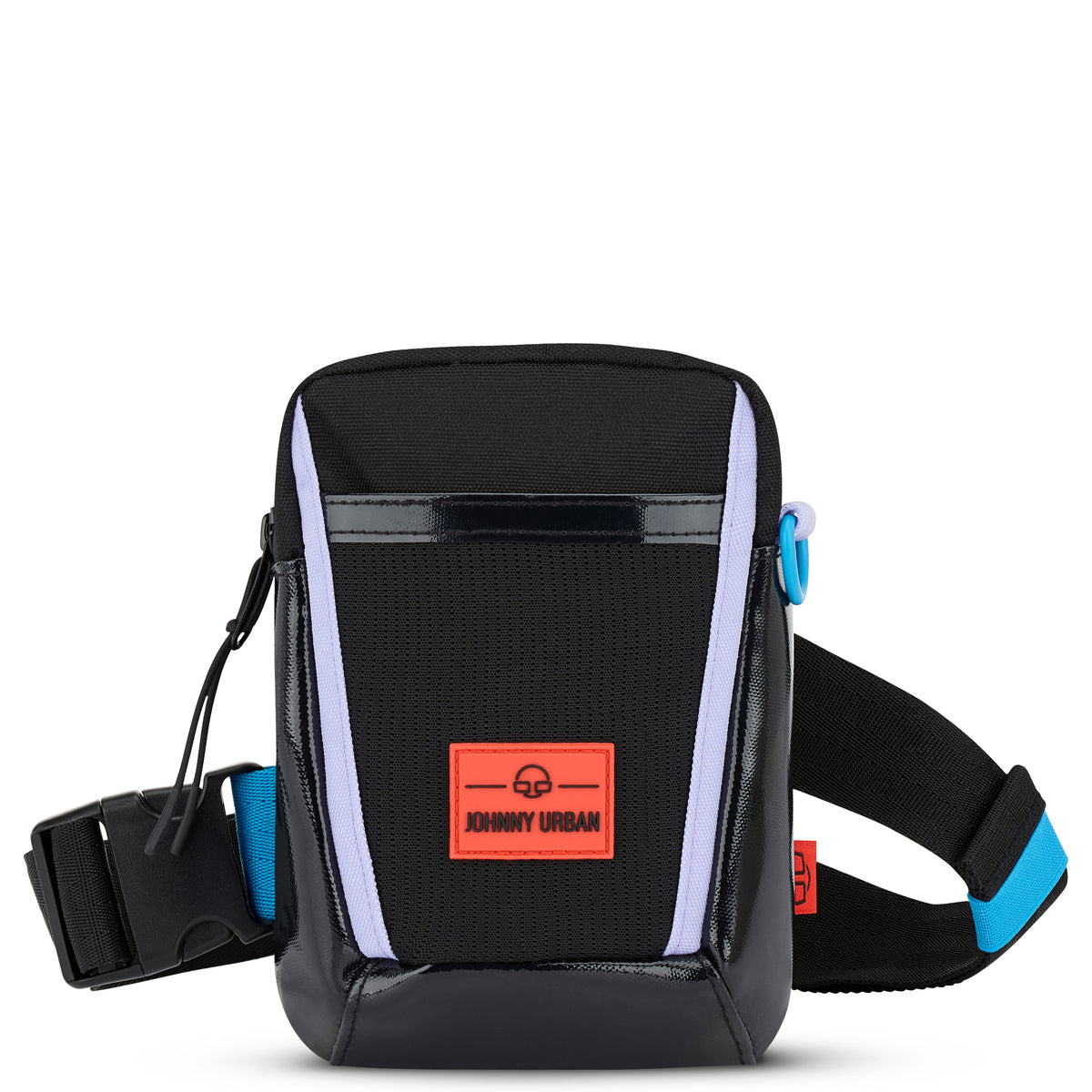 Schwarze Umhängetasche 'Lex' von Johnny Urban mit orangem Logo, blauem Akzent am Gurt und reflektierenden Streifen
