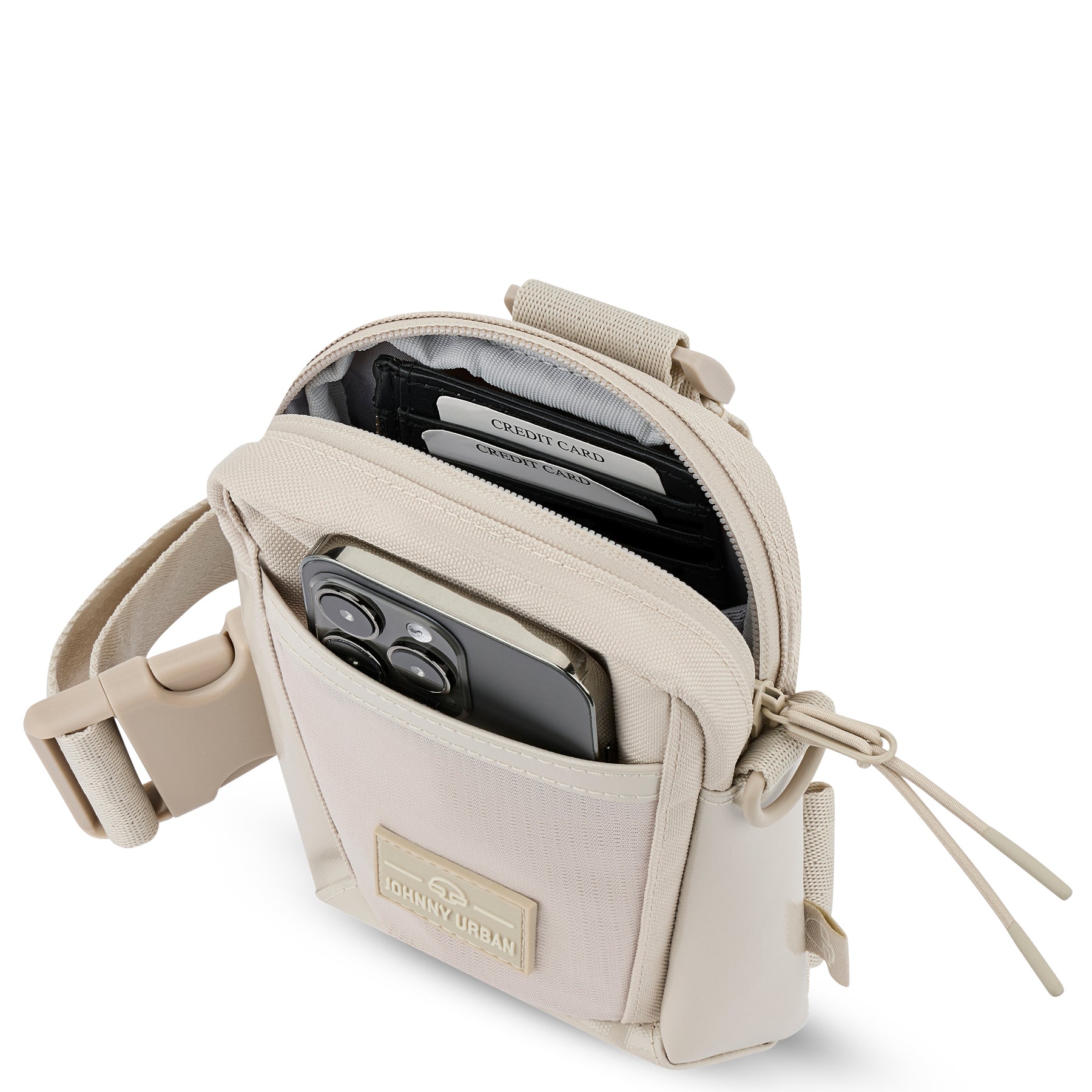 Beige Umhängetasche 'Lex' mit offenem Hauptfach, Kreditkarten und Smartphone vorne