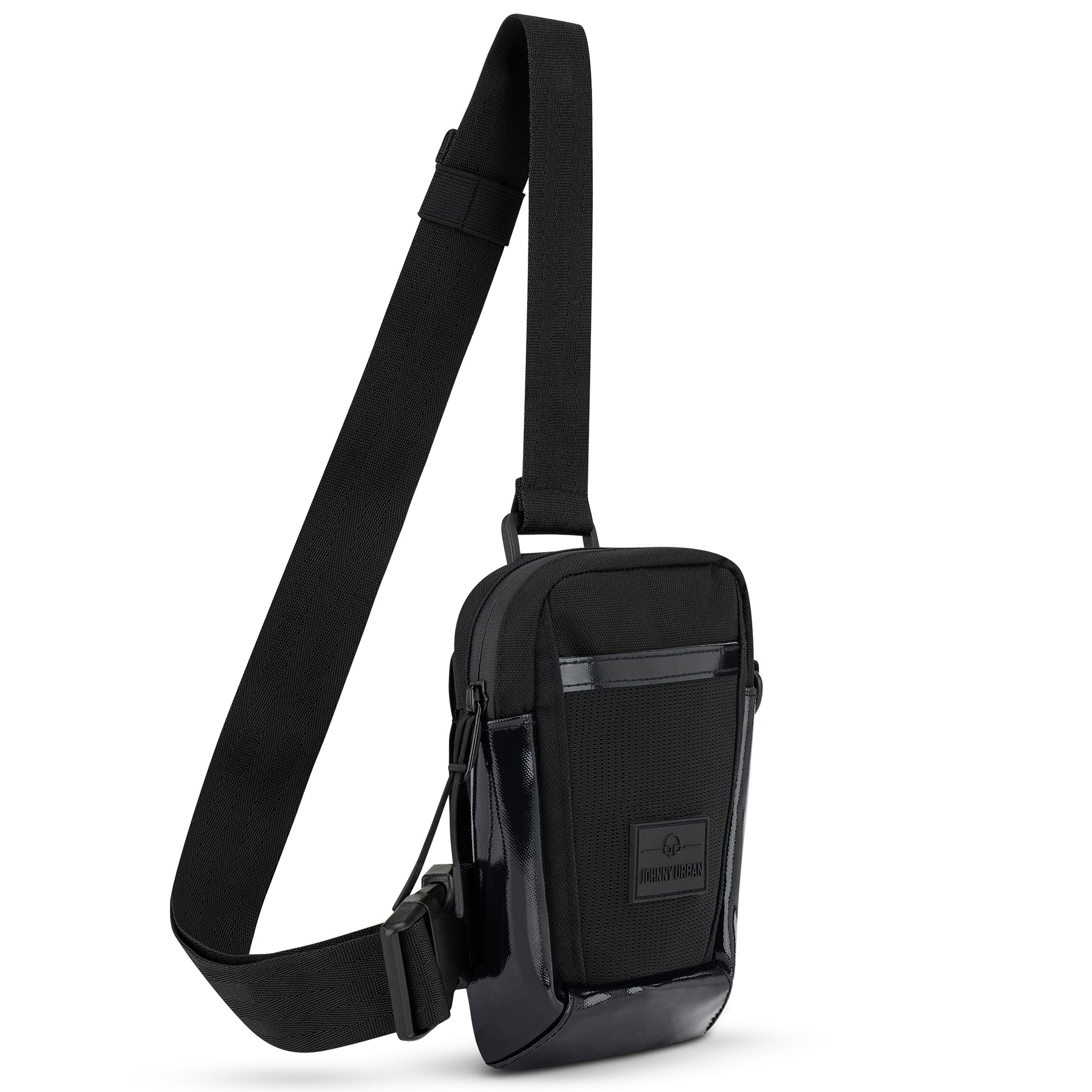 Umhängetasche 'Lex' von Johnny Urban, schwarz, rechteckig, mit verstellbarem Gurt und glänzenden Details