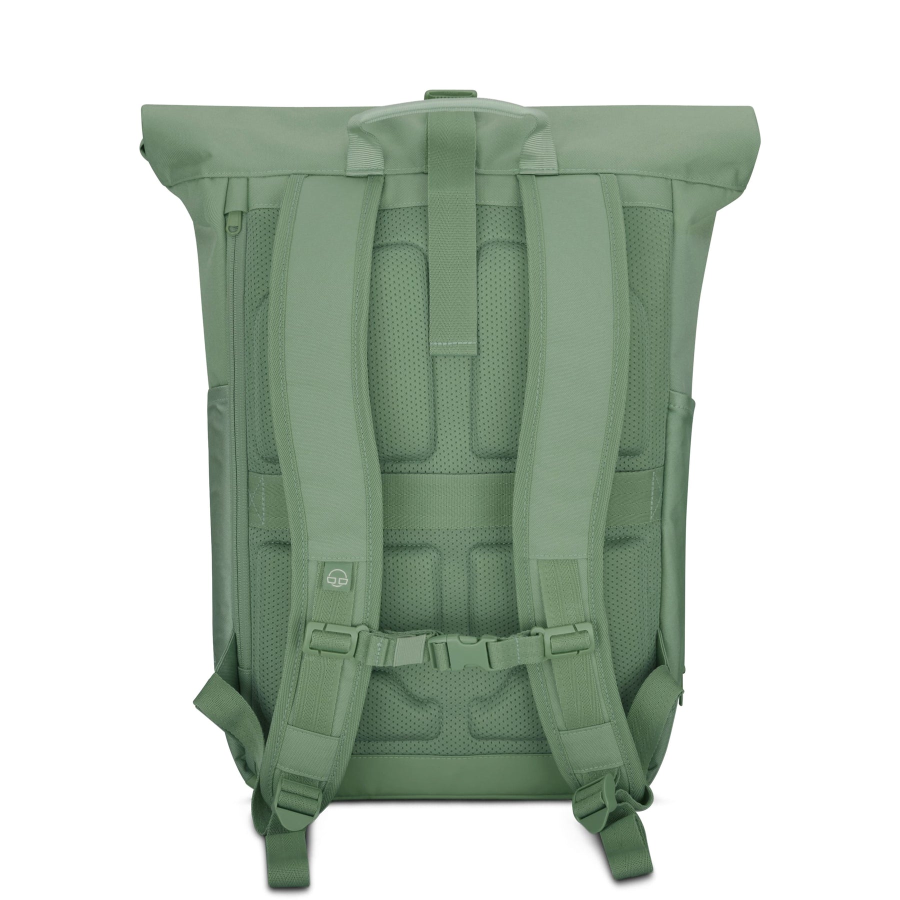 Rückansicht des Rolltop Rucksacks 'Allen Medium' in Salbeigrün mit gepolsterten Schultergurten und Rückenbelüftung