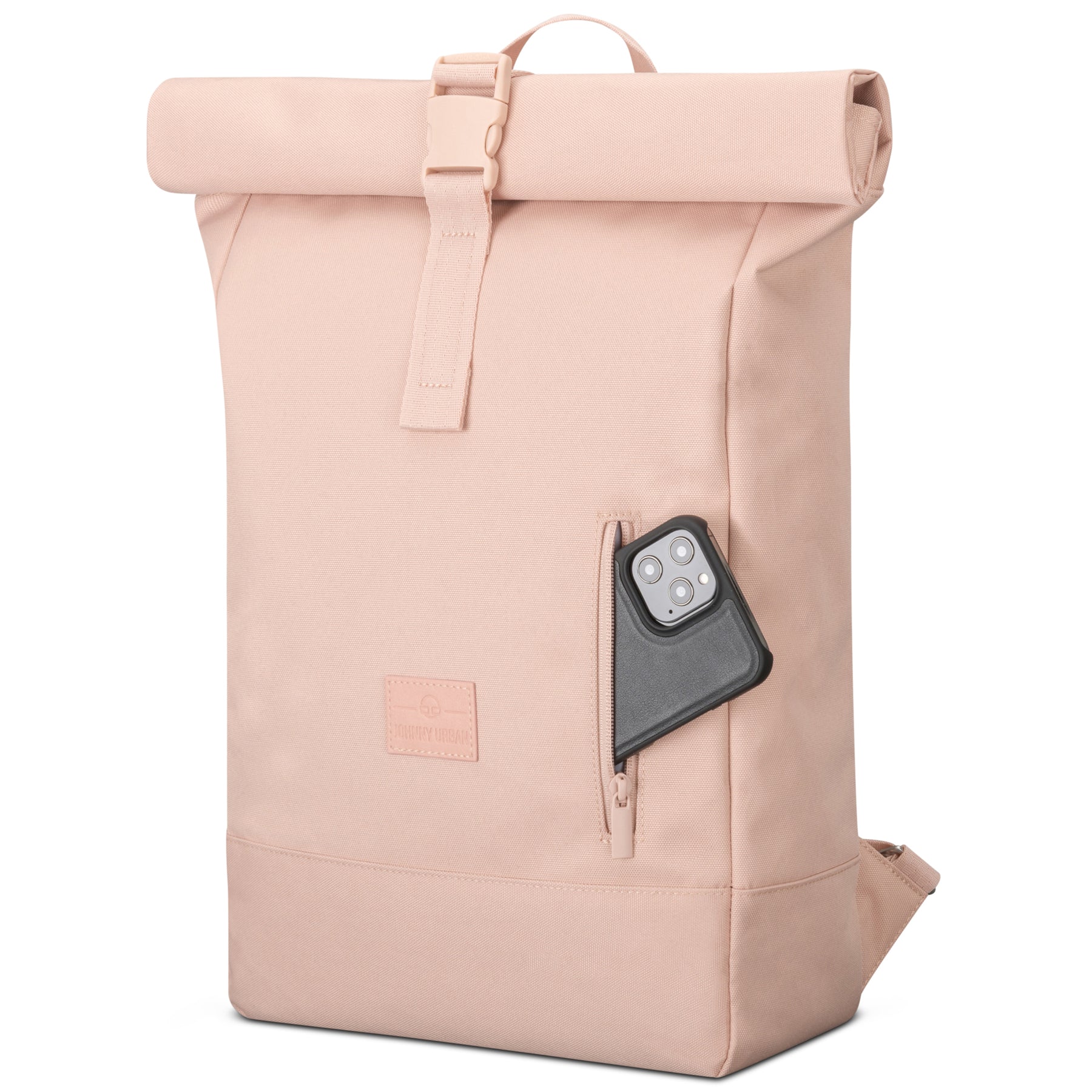 Rolltop Rucksack Robin Medium in Rosa mit seitlicher Reißverschlusstasche und Smartphone