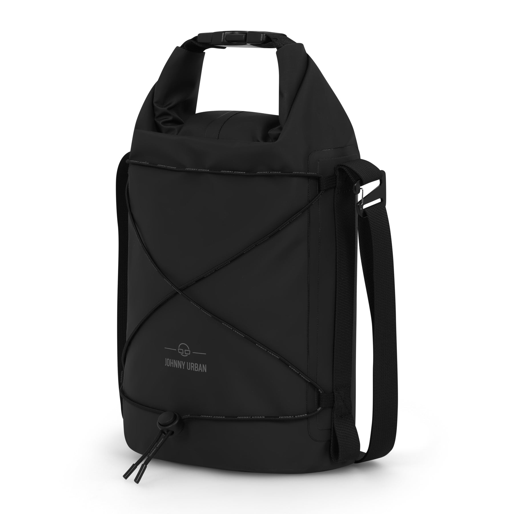 Schwarze Johnny Urban Dry Bag 'Theo' mit verstellbarem Schultergurt und elastischem Kabelnetz vorne