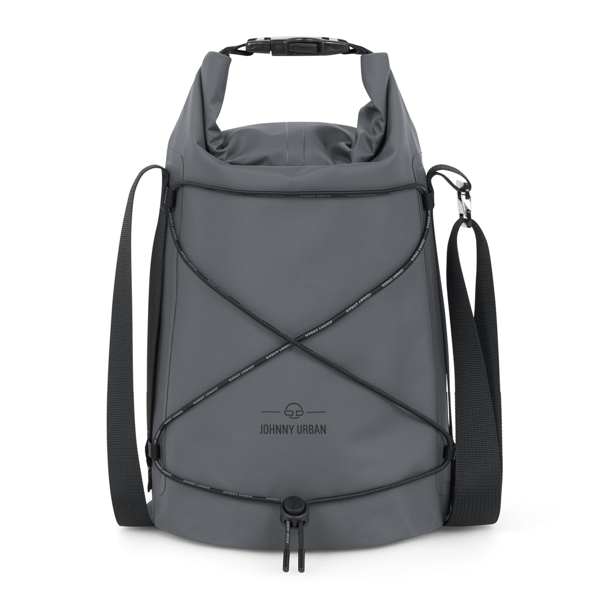Wasserdichter Dry Bag 'Theo' von Johnny Urban, grau, mit verstellbarem Schultergurt und gespanntem Kordelnetz auf der Vorderseite