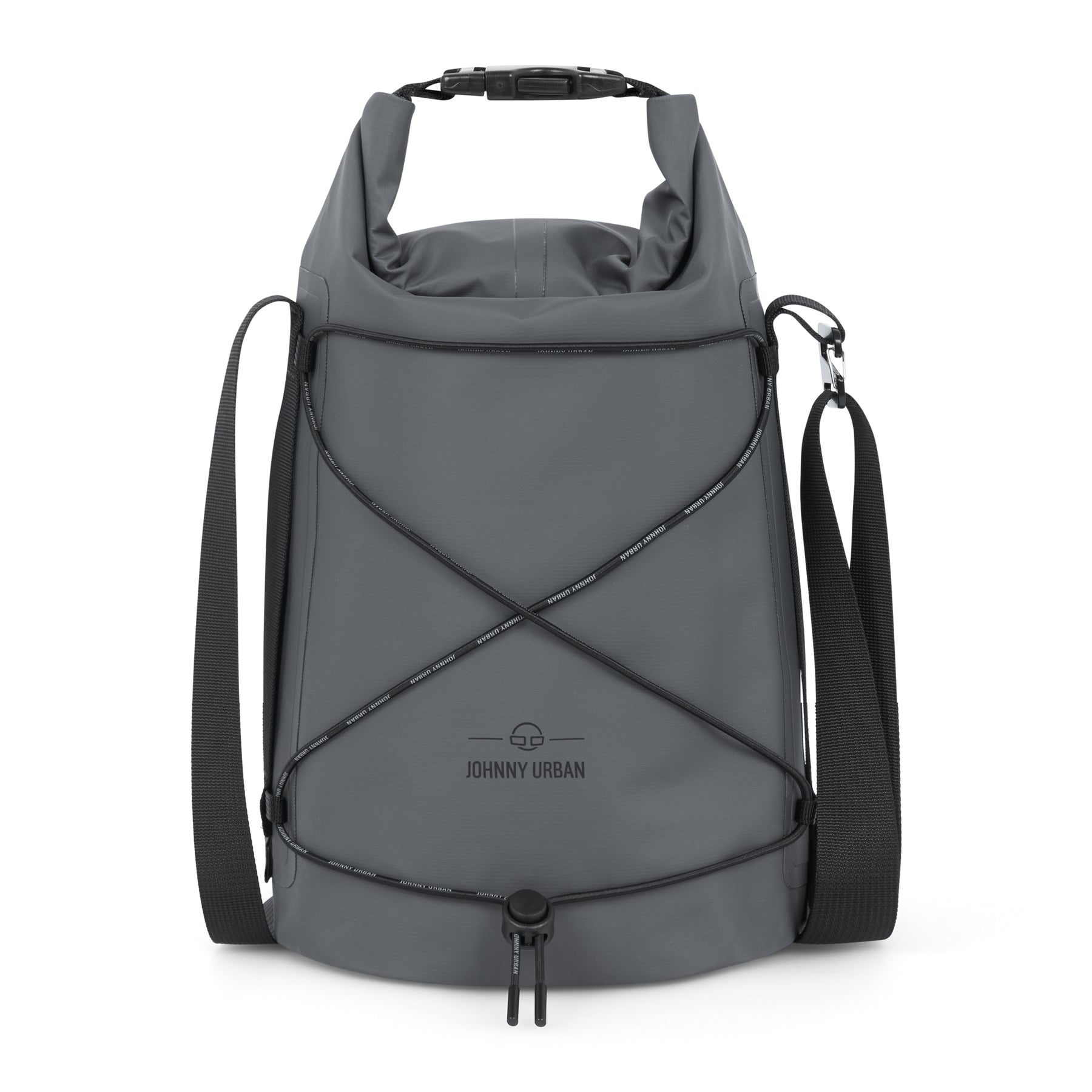Wasserdichter Dry Bag 'Theo' von Johnny Urban, grau, mit verstellbarem Schultergurt und gespanntem Kordelnetz auf der Vorderseite
