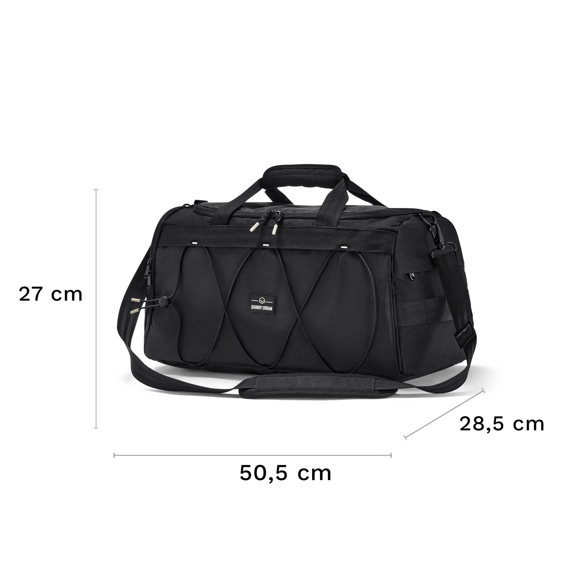 Schwarze Duffle Bag 'Shawn Medium' von Johnny Urban mit verstellbarem Schultergurt und Zugschnur vorne