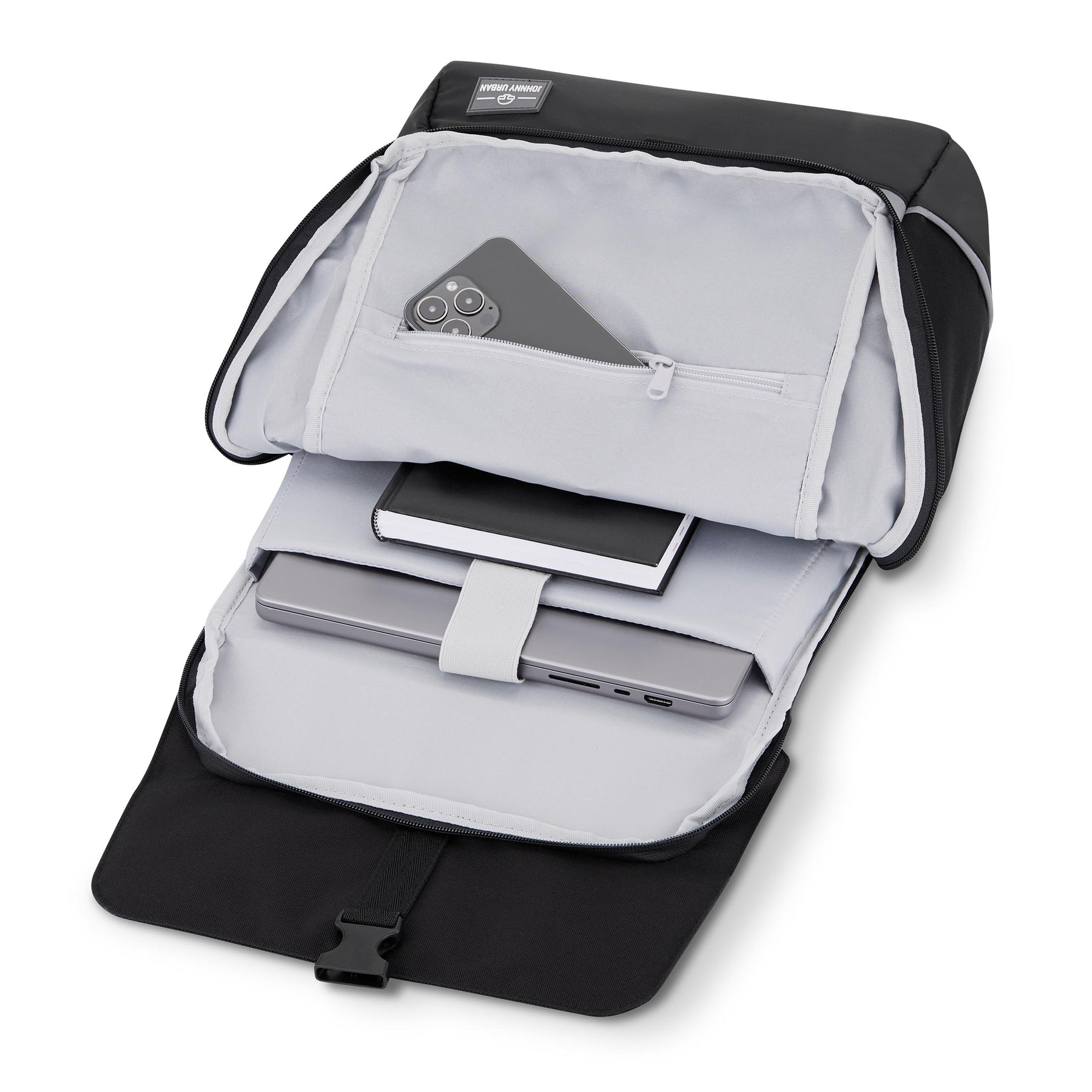 Geöffneter Johnny Urban Rucksack 'Mika' Bike mit Laptopfach, Notizbuch und Smartphone-Tasche