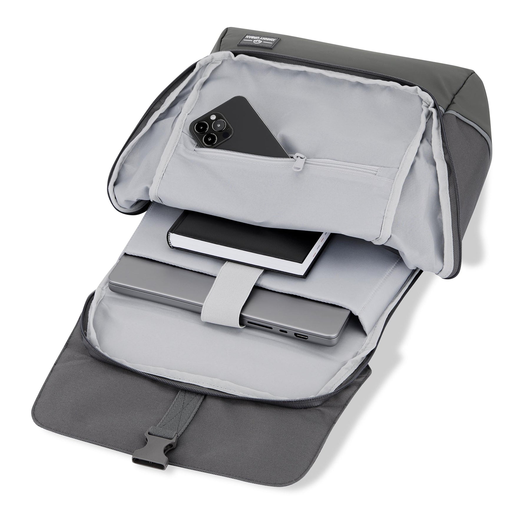 Geöffneter schwarzer Rucksack 'Mika' Bike mit gepolstertem Laptopfach, Buch und Smartphone in Reißverschlusstasche