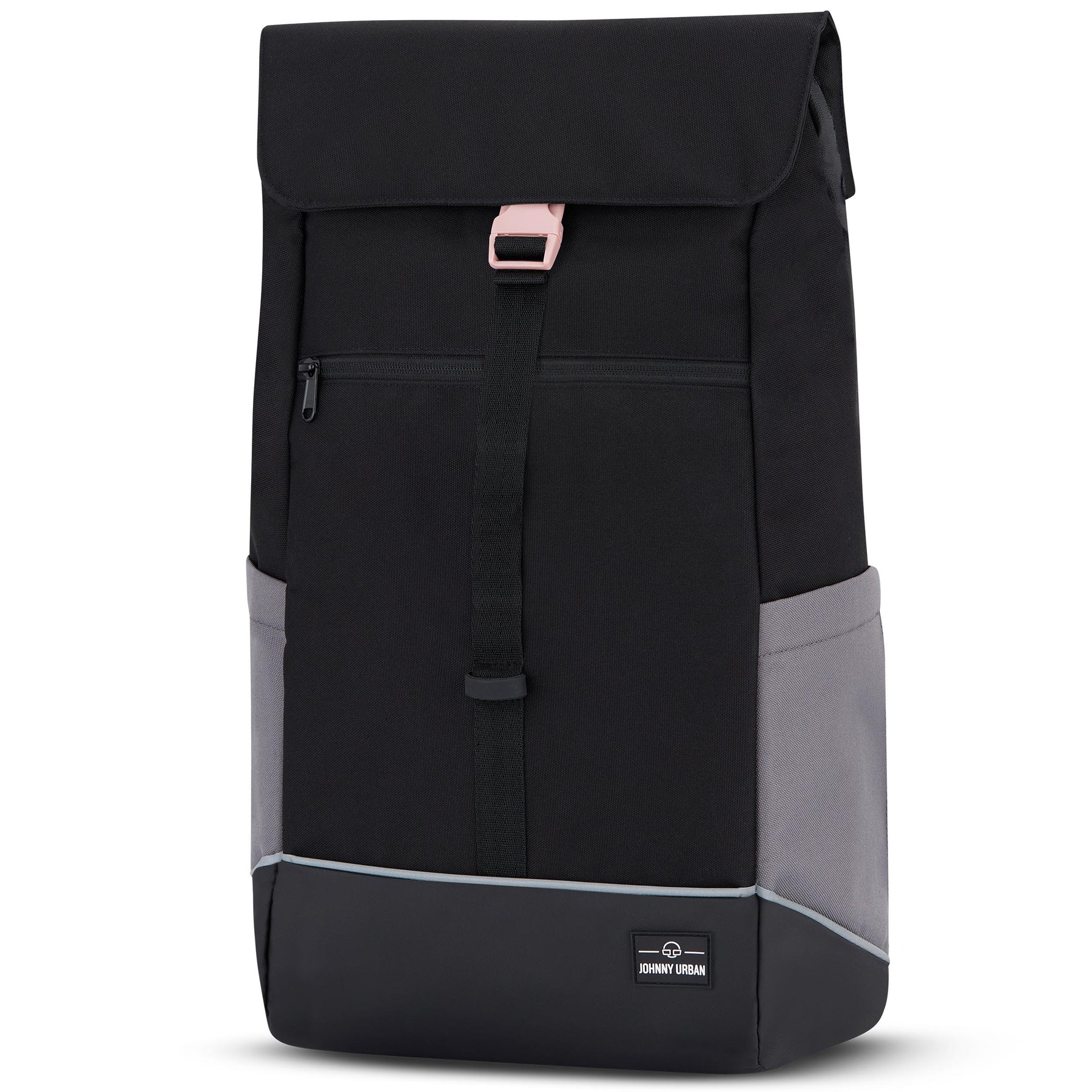 Schwarzer und grauer Fahrradrucksack 'Mika' von Johnny Urban mit Fronttasche und rosa Schnalle