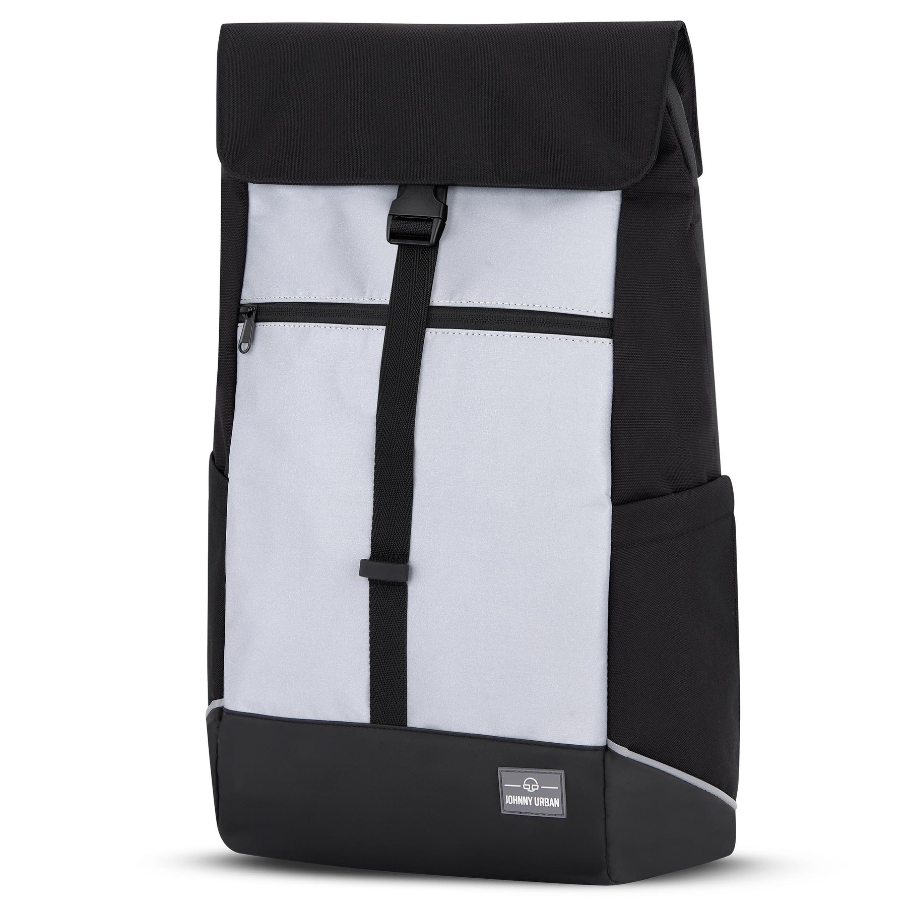 Reflektierender Fahrradrucksack 'Mika' in Schwarz und Grau mit Fronttasche und Verschlussriemen von Johnny Urban