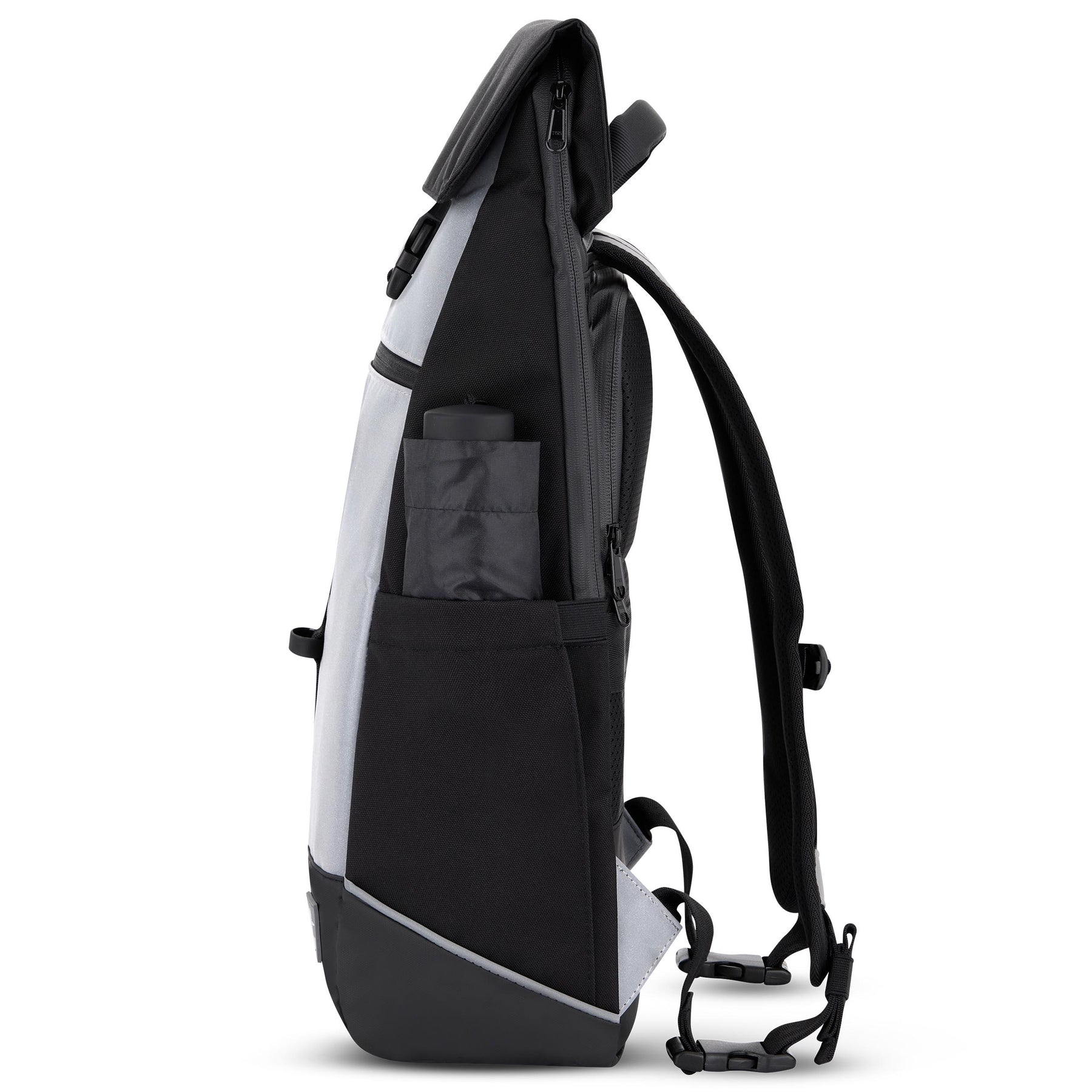 Seitenansicht des schwarzen und grauen Fahrrad-Rucksacks 'Mika' mit reflektierenden Elementen und seitlicher Tasche mit Regenschirm