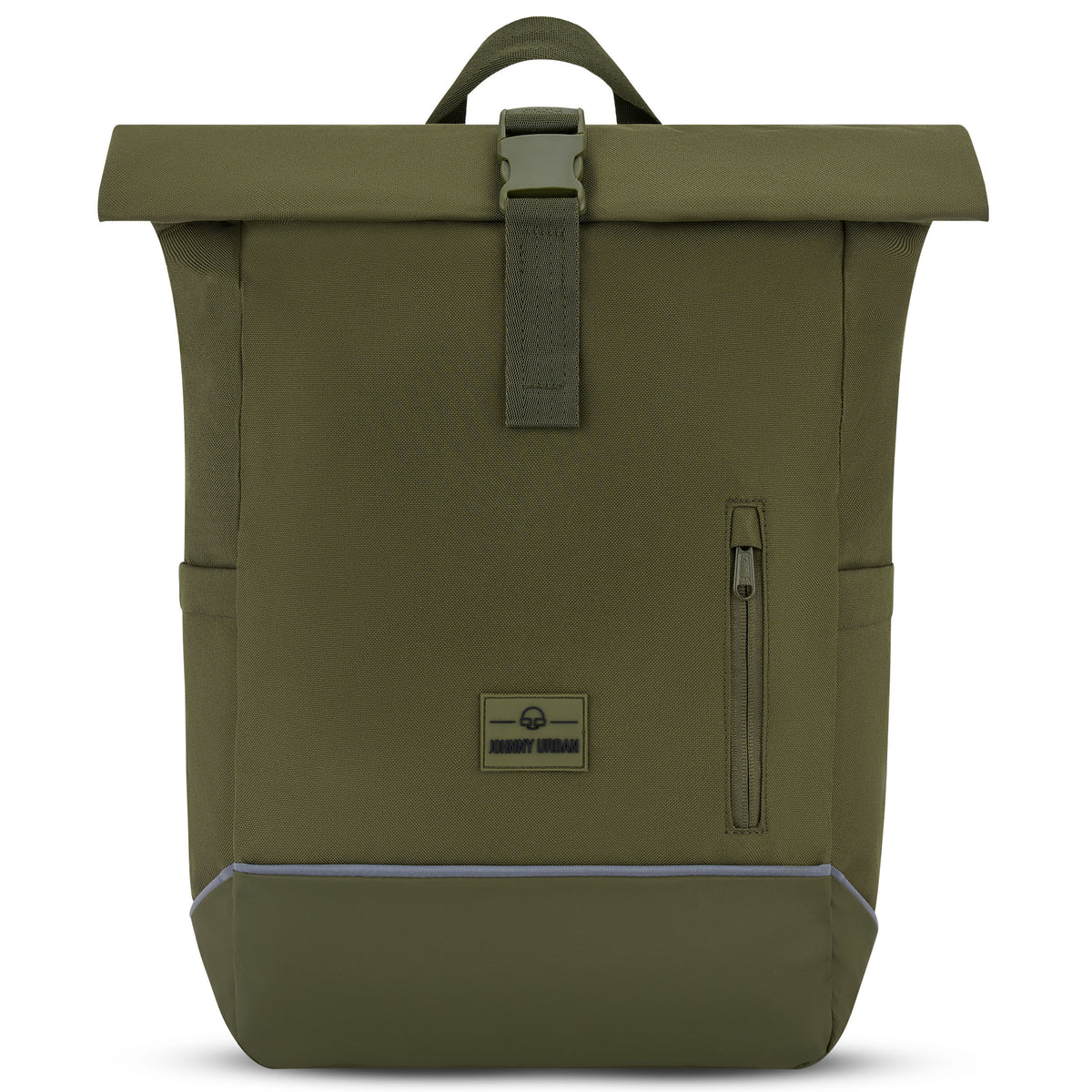 Rolltop Rucksack 'Robin Medium' von Johnny Urban in Olivgrün mit reflektierendem Streifen und Fronttasche mit Reißverschluss