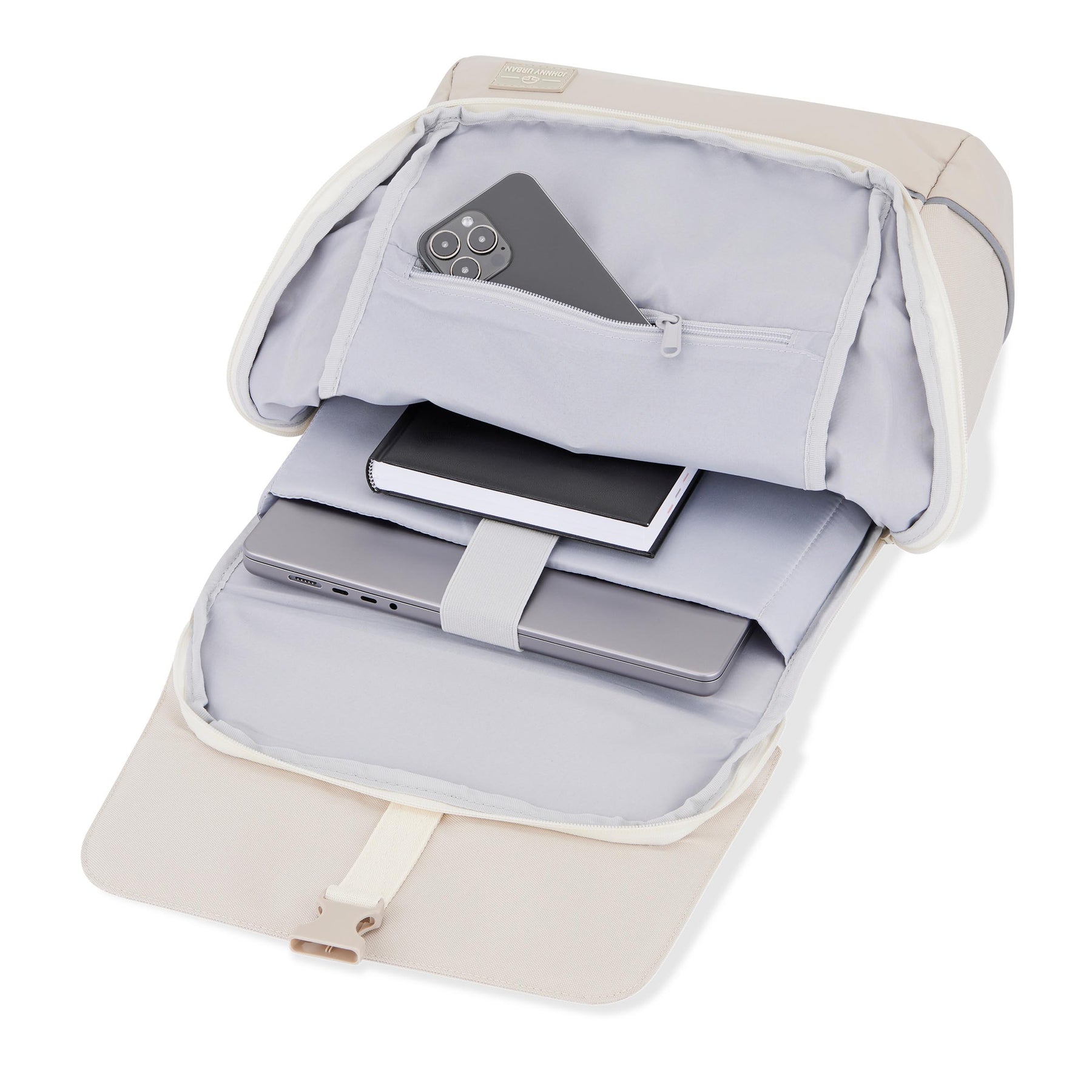 Geöffneter beiger Rucksack 'Mika' Bike mit Laptop, Notizbuch und Smartphone in Innenfächern