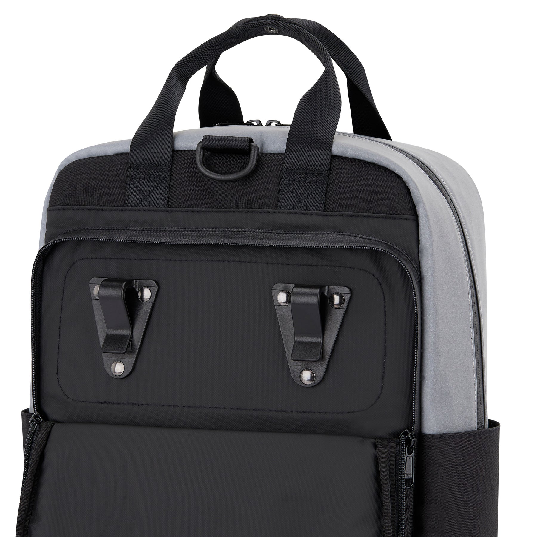 Rucksack Jona Medium in Grau und Schwarz mit reflektierenden Details und Halterungen für Fahrrad-Gepäckträger