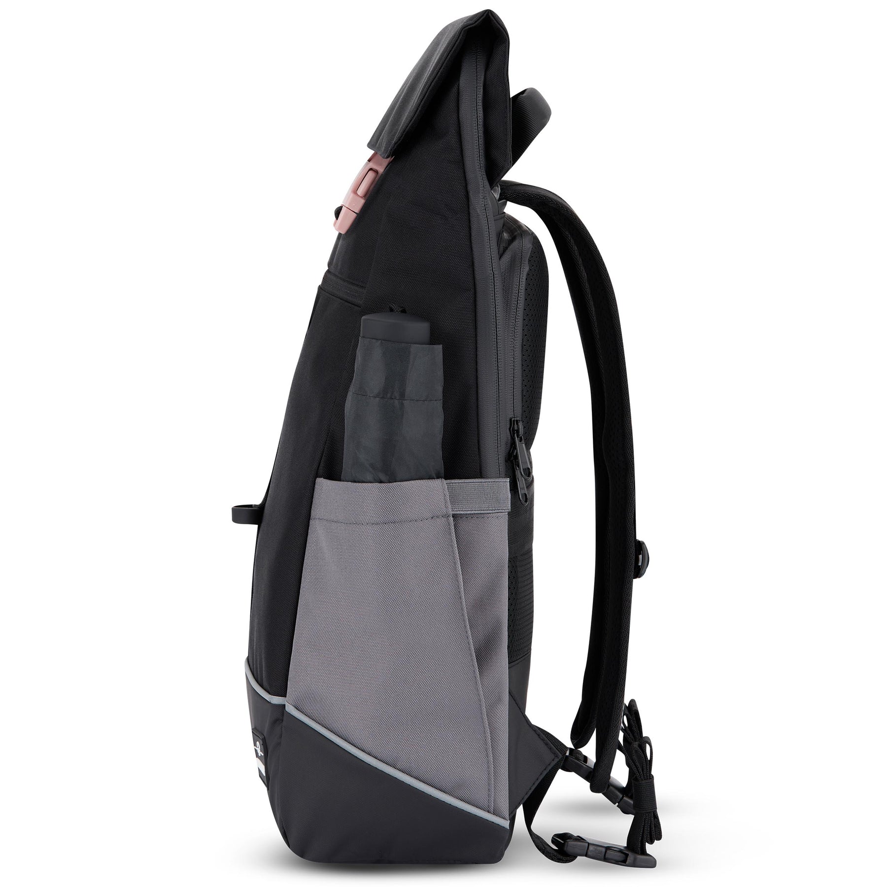 Schwarzer Johnny Urban Rucksack "Mika" mit großem grauem Seitentaschenfach und geschlossenem Regenschirm