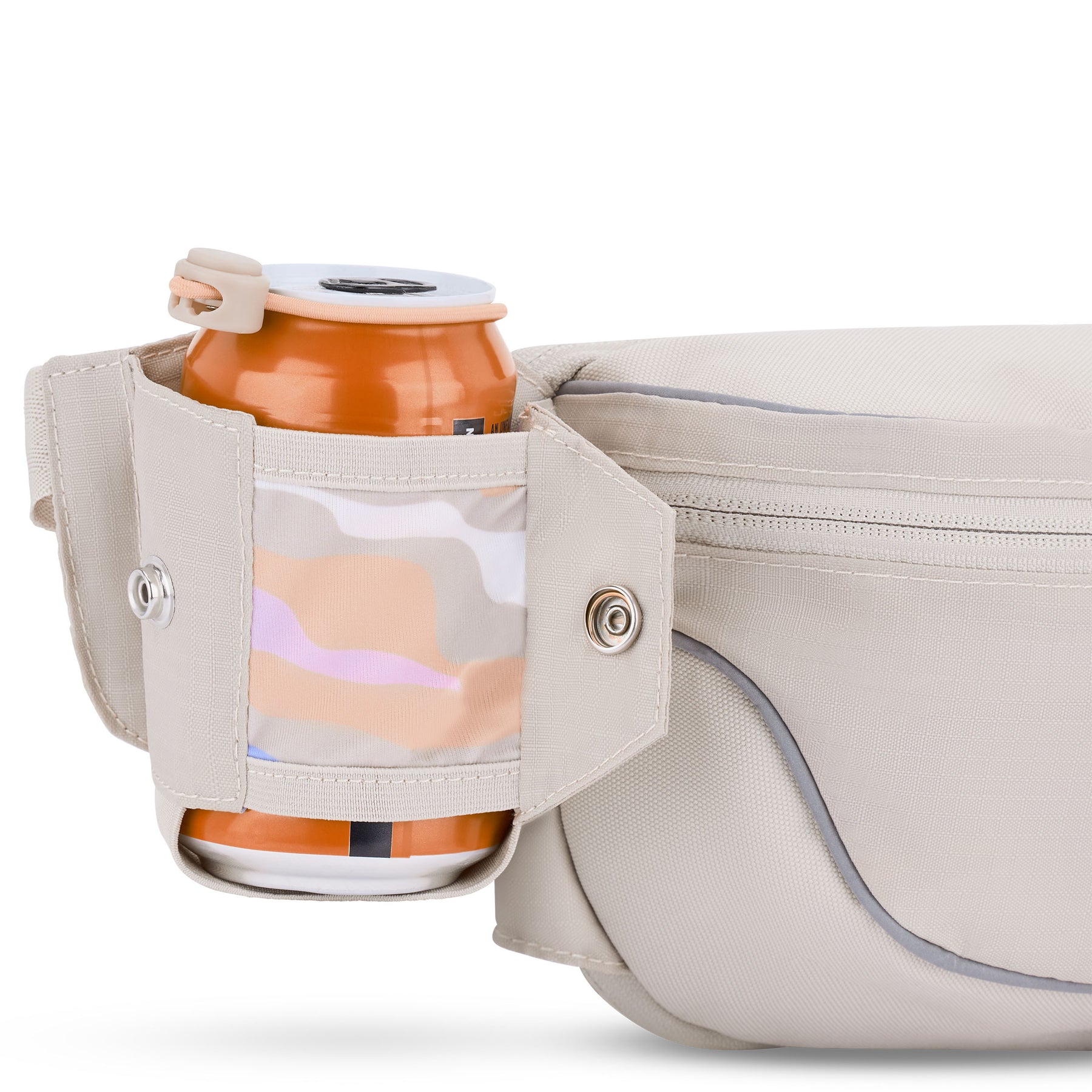 2in1 Bauchtasche 'Jimmy' in Beige mit integriertem Getränkehalter, darin eine Getränkedose