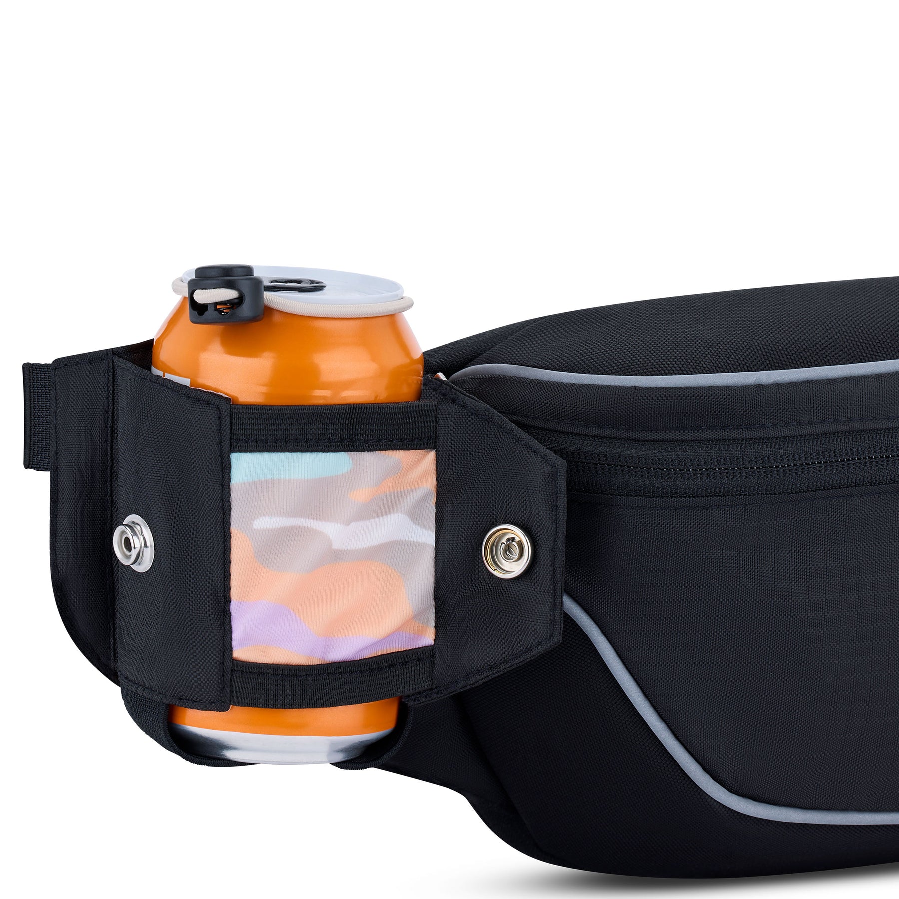 Schwarze 2in1 Bauchtasche 'Jimmy' mit aufklappbarem Getränkehalter und orangefarbener Dose