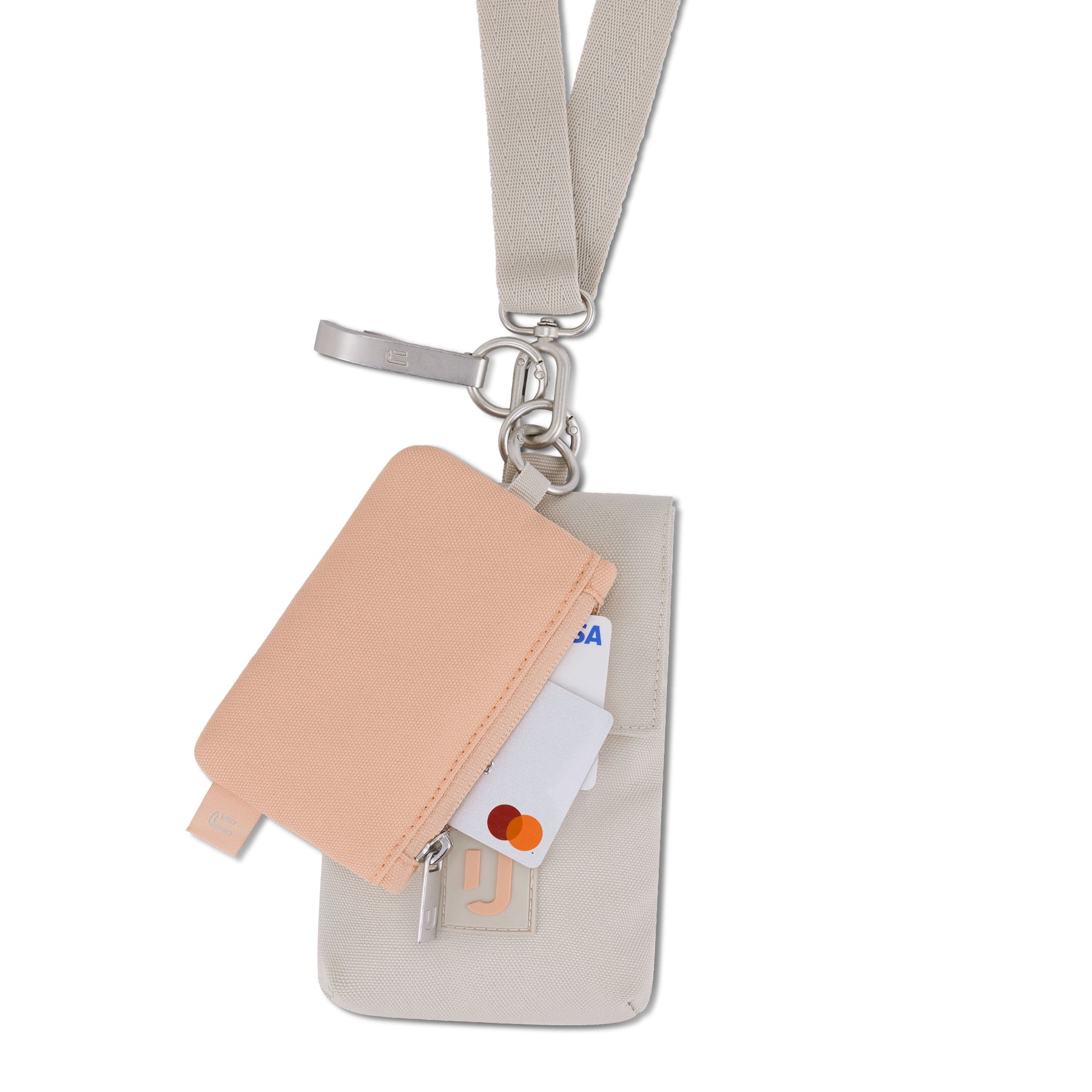 Johnny Urban Halsbeutel 'Juno' in Beige mit kleinem rosa Täschchen und Kreditkarte