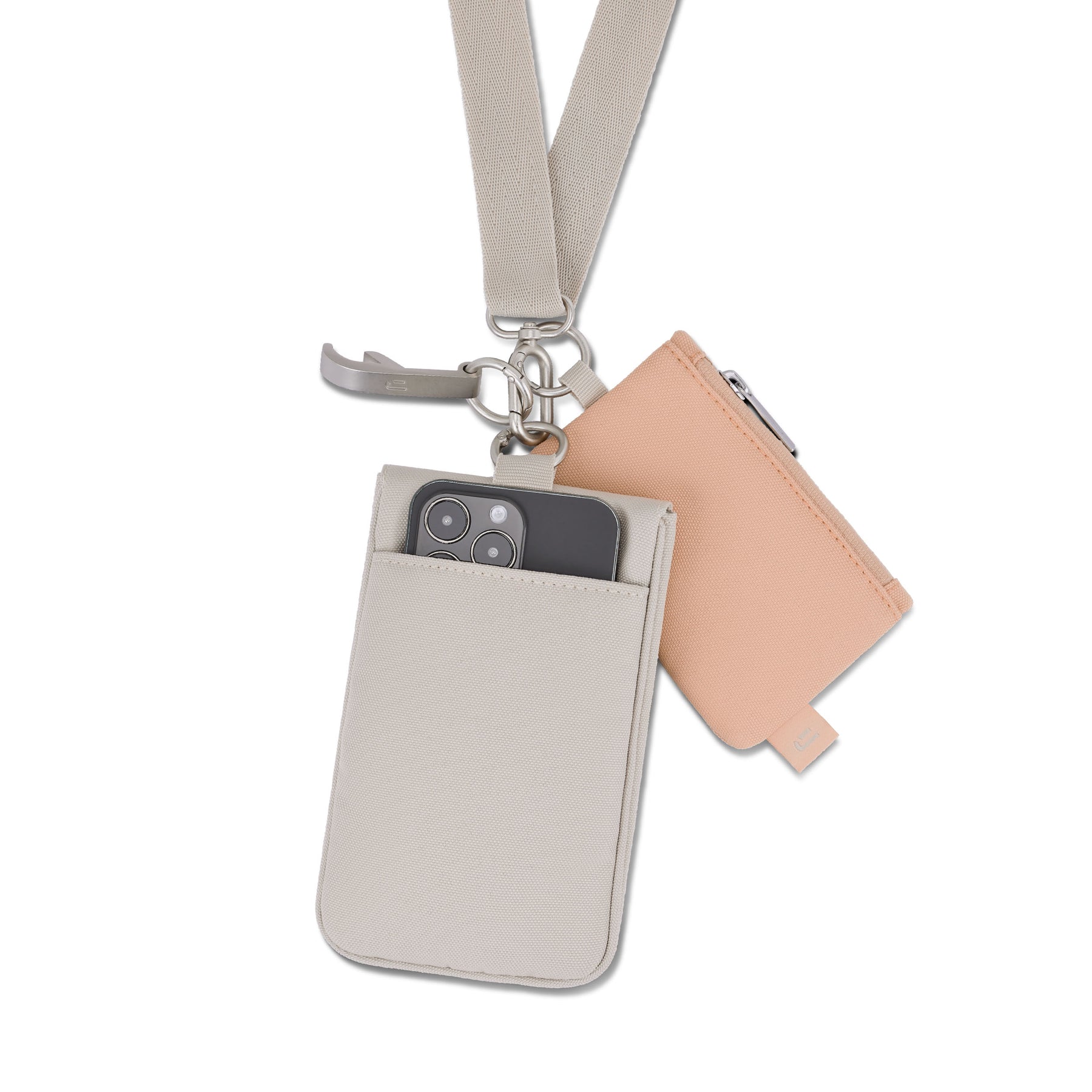 Johnny Urban Umhängetasche 'Juno' in Hellgrau mit Smartphone und beigefarbenem Anhang mit Reißverschluss