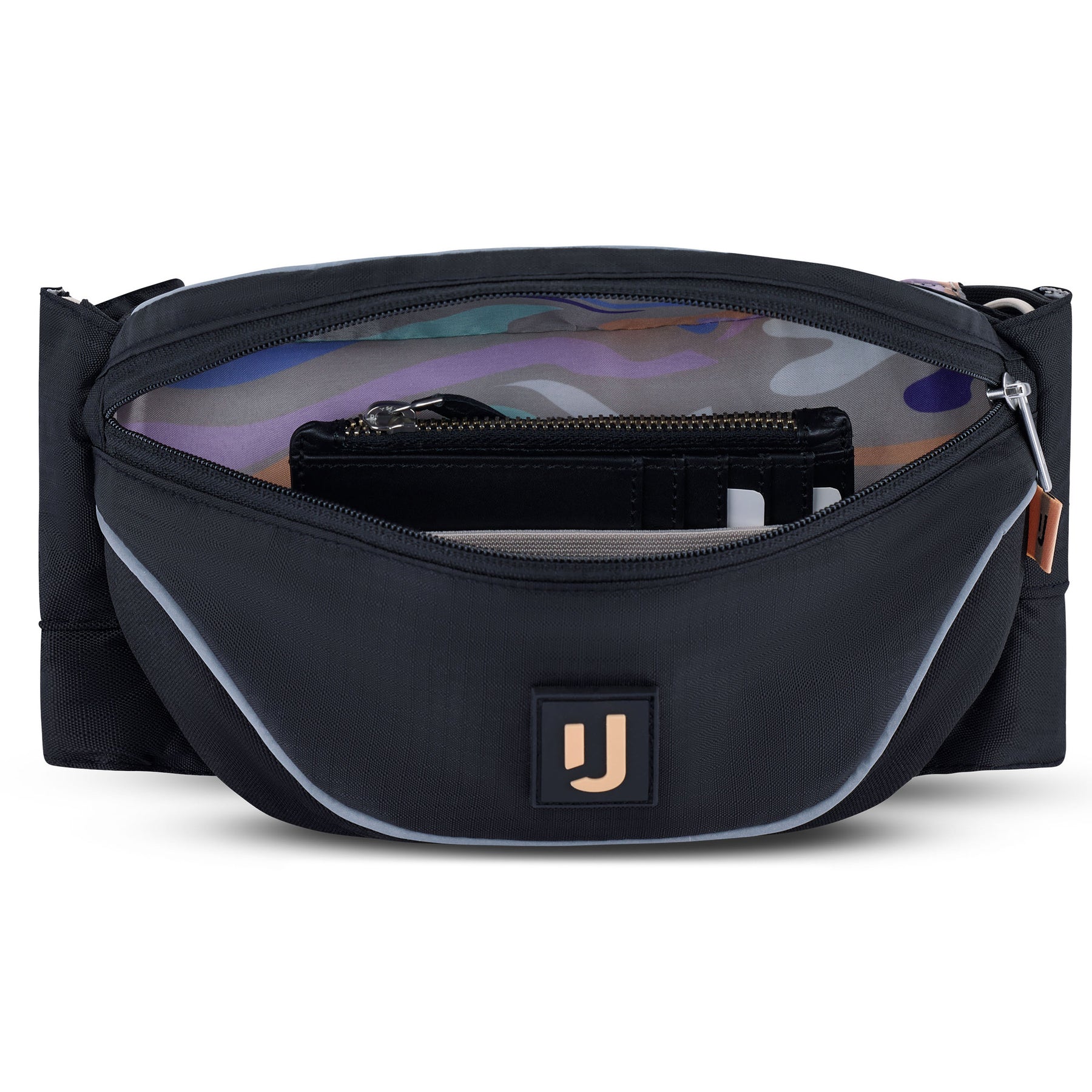 Johnny Urban 2in1 Bauchtasche 'Jimmy' in Schwarz mit reflektierenden Details und Innenfutter in buntem Camouflage-Muster