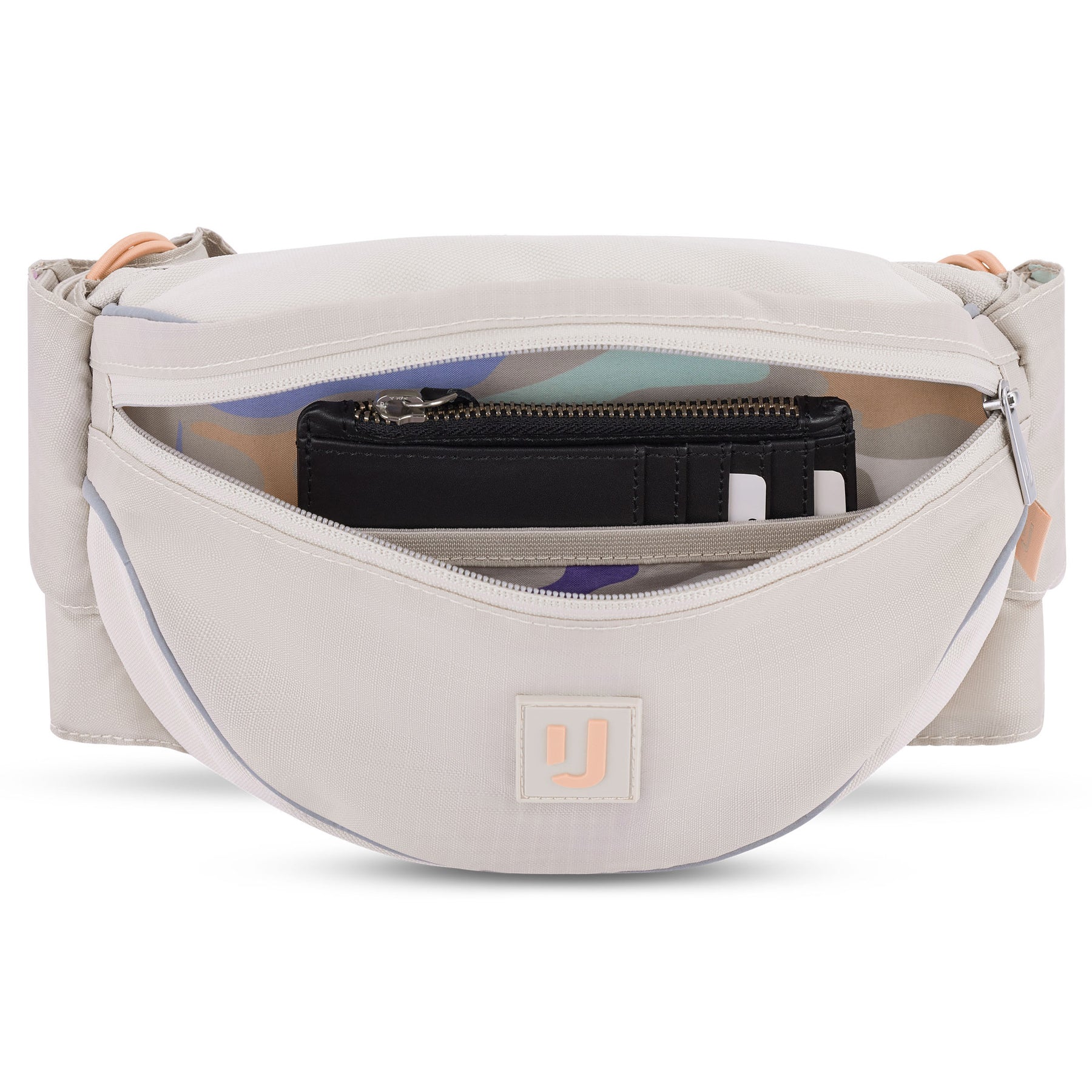 Johnny Urban 2in1 Bauchtasche Jimmy in Beige mit offenem Reißverschluss und sichtbarem schwarzen Geldbeutel