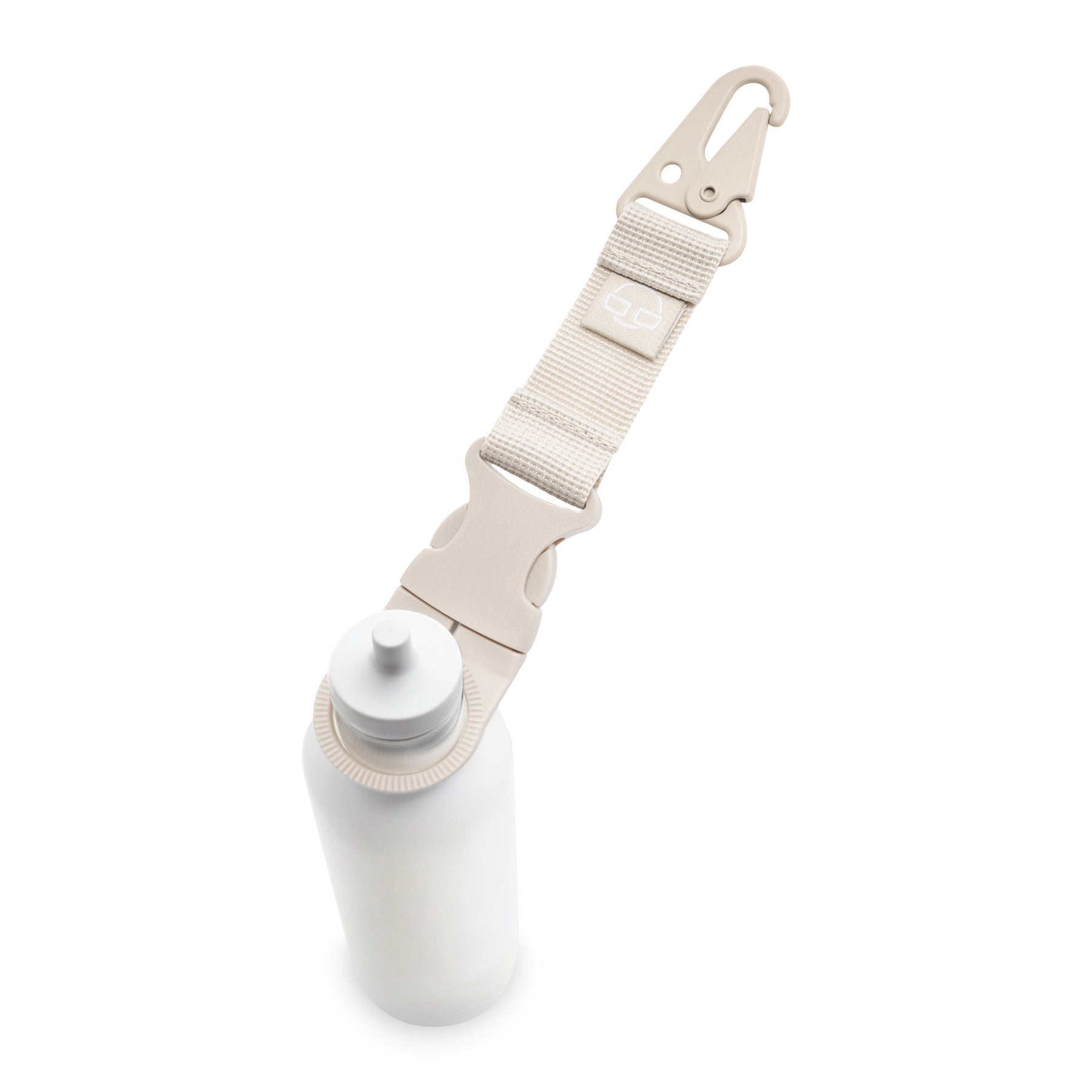 Beiger Flaschenhalter 'Eddy' mit Clip und verstellbarem Gurt zum Anbringen an Taschen