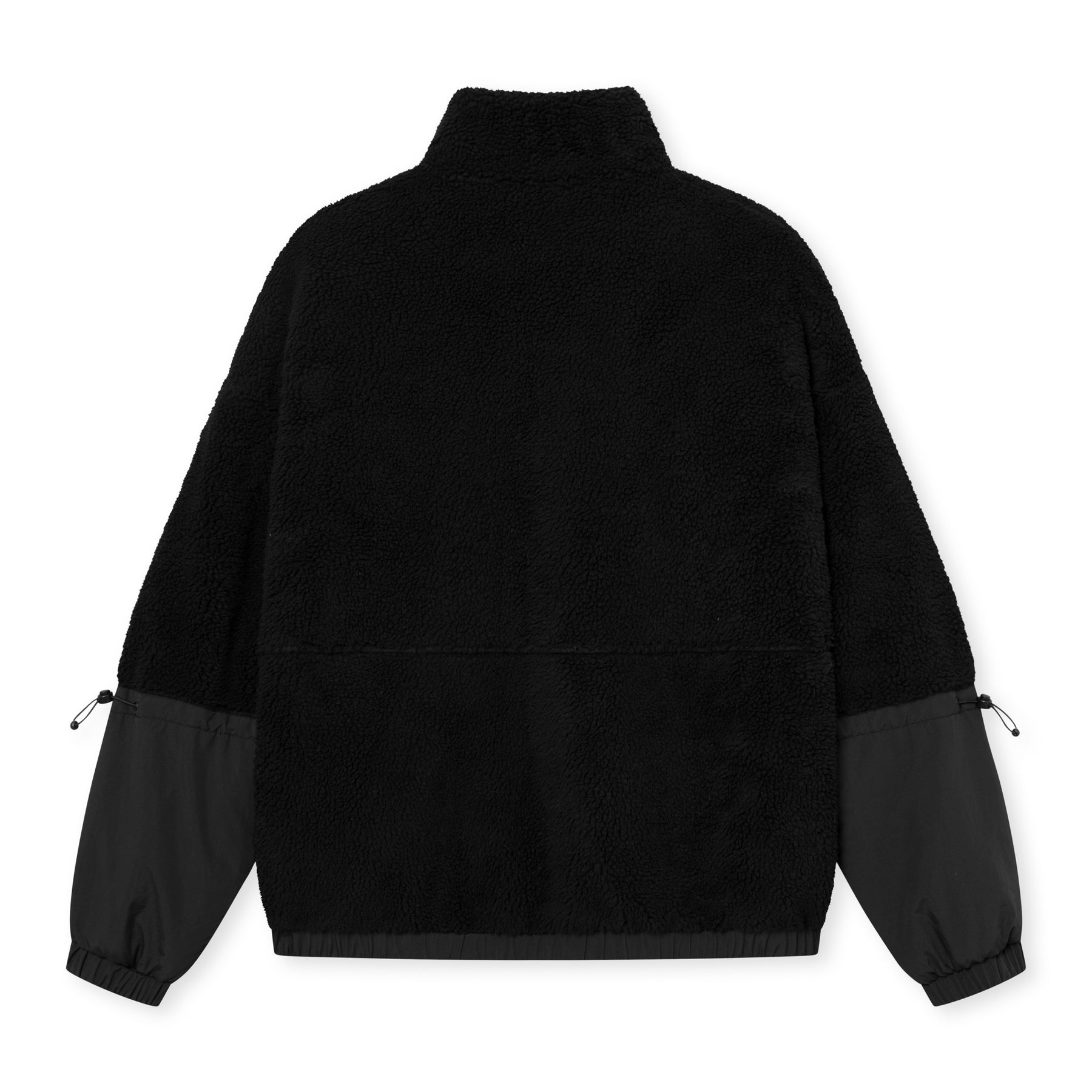 Schwarze Teddy Fleecejacke 'Carson' mit Stehkragen und Ärmeln aus glattem Stoff mit Kordelzug