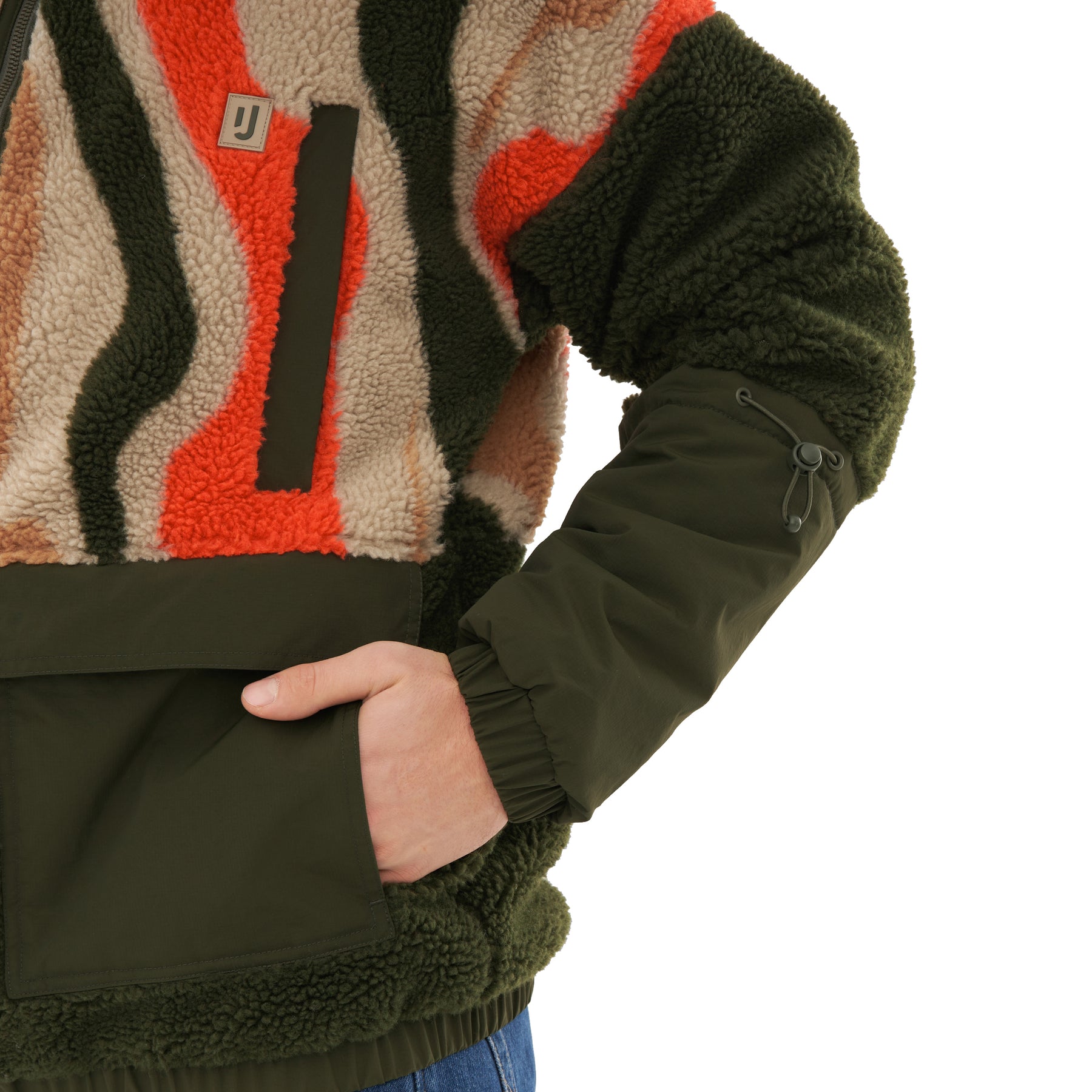 Teddy Fleecejacke 'Carson' mit olivgrünen Ärmeln und buntem Muster in Orange, Beige und Dunkelgrün